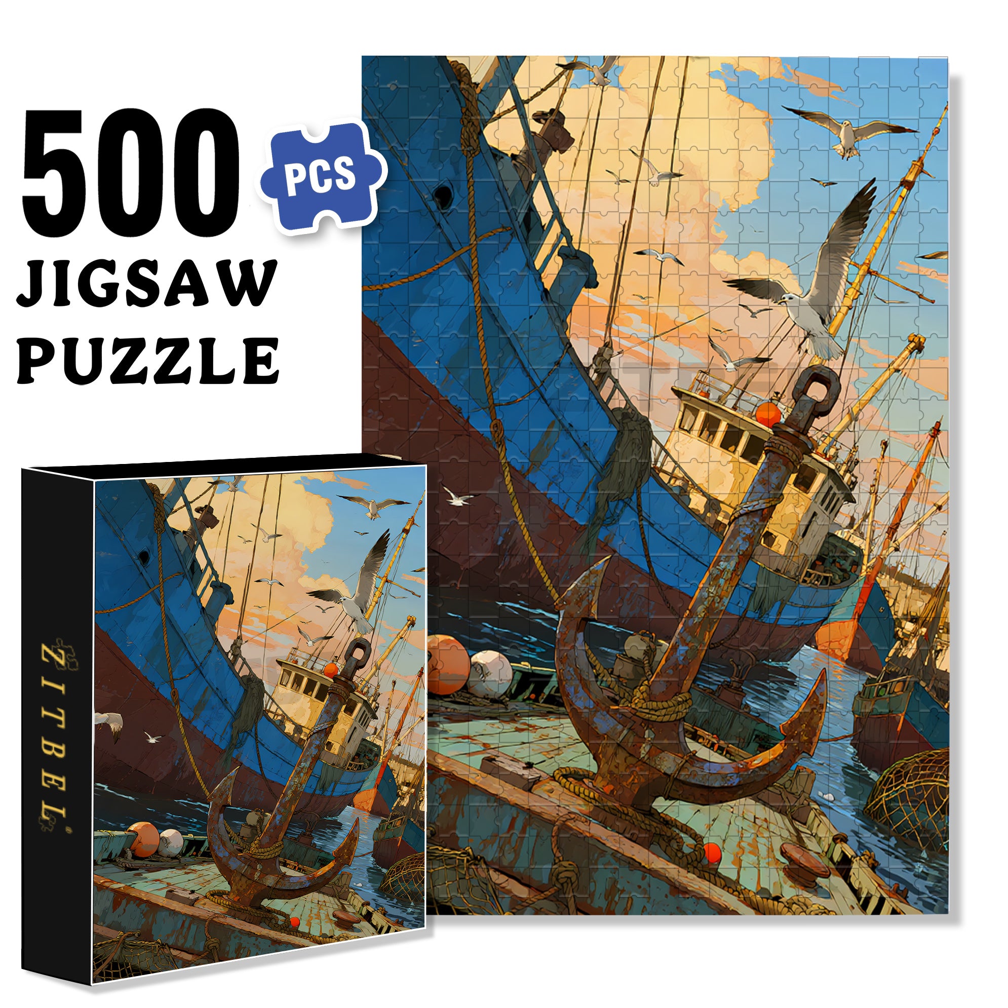 Fishing Port 500pcs/1000pcs Jigsaw Puzzle, Scratch-Resistant, Interactive Family Game & Brain-Boosting DIY Decor, Perfect for Halloween, Christmas & New Year Gifts, Family Puzzle Game