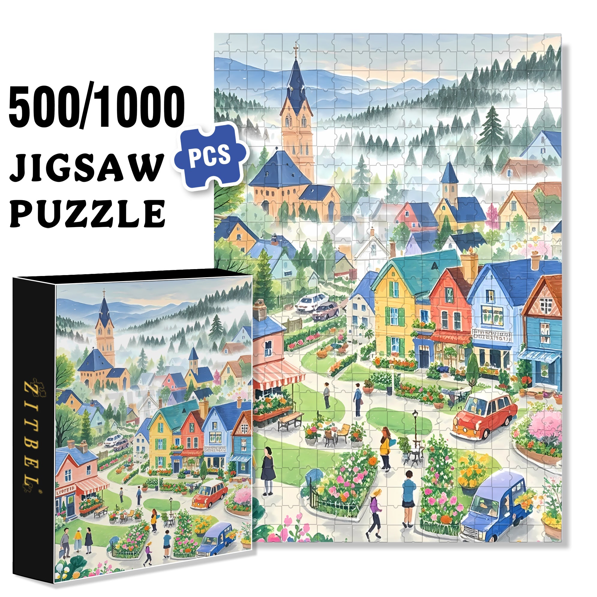 Garden Town 500pcs/1000pcs Jigsaw Puzzle, Scratch-Resistant, Interactive Family Game & Brain-Boosting DIY Decor, Perfect for Halloween, Christmas & New Year Gifts, Family Puzzle Game