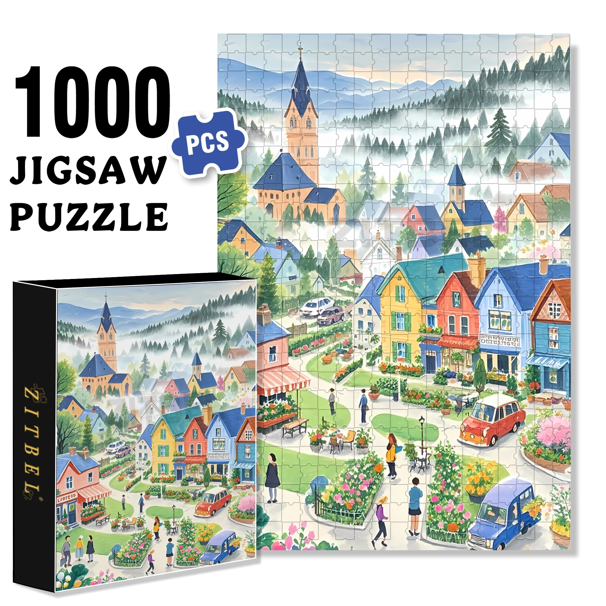 Garden Town 500pcs/1000pcs Jigsaw Puzzle, Scratch-Resistant, Interactive Family Game & Brain-Boosting DIY Decor, Perfect for Halloween, Christmas & New Year Gifts, Family Puzzle Game