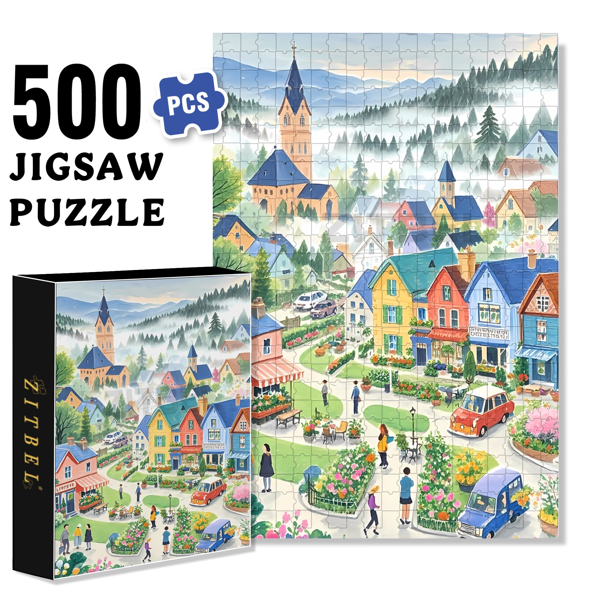 Garden Town 500pcs/1000pcs Jigsaw Puzzle, Scratch-Resistant, Interactive Family Game & Brain-Boosting DIY Decor, Perfect for Halloween, Christmas & New Year Gifts, Family Puzzle Game