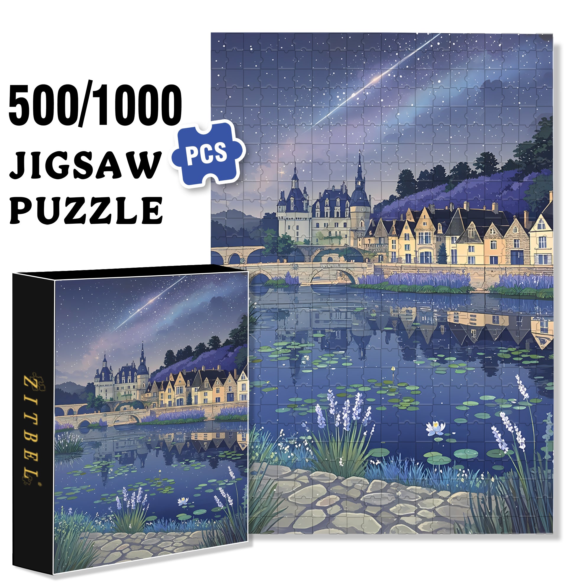 Lavender Town 500pcs/1000pcs Jigsaw Puzzle, Scratch-Resistant, Interactive Family Game & Brain-Boosting DIY Decor, Perfect for Halloween, Christmas & New Year Gifts, Family Puzzle Game