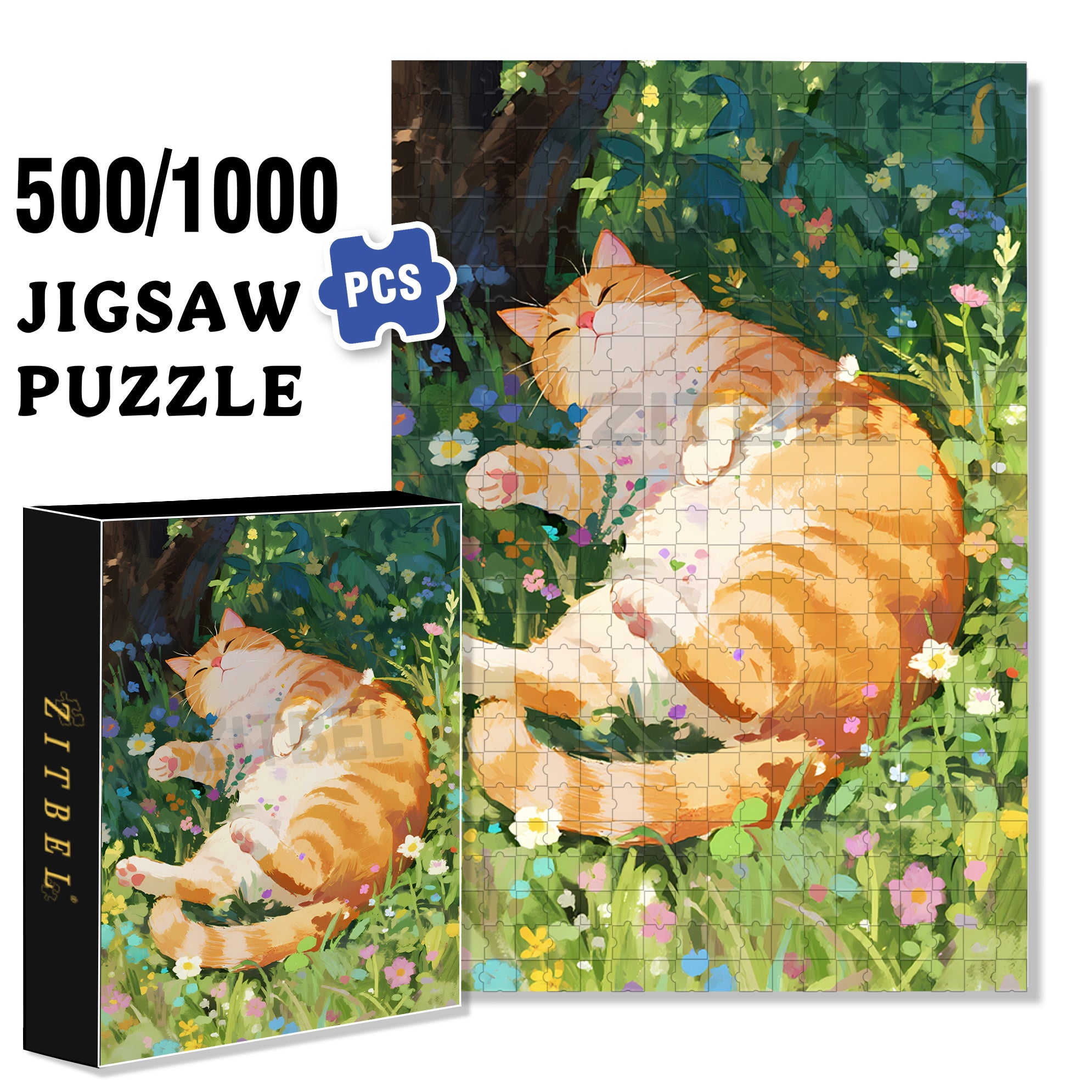 Lazy Orange Cat 500pcs/1000pcs Jigsaw Puzzle, Scratch-Resistant, Interactive Family Game & Brain-Boosting DIY Decor, Perfect for Halloween, Christmas & New Year Gifts, Family Puzzle Game