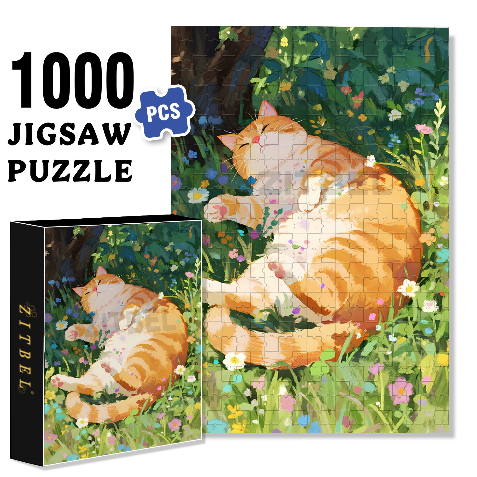Lazy Orange Cat 500pcs/1000pcs Jigsaw Puzzle, Scratch-Resistant, Interactive Family Game & Brain-Boosting DIY Decor, Perfect for Halloween, Christmas & New Year Gifts, Family Puzzle Game