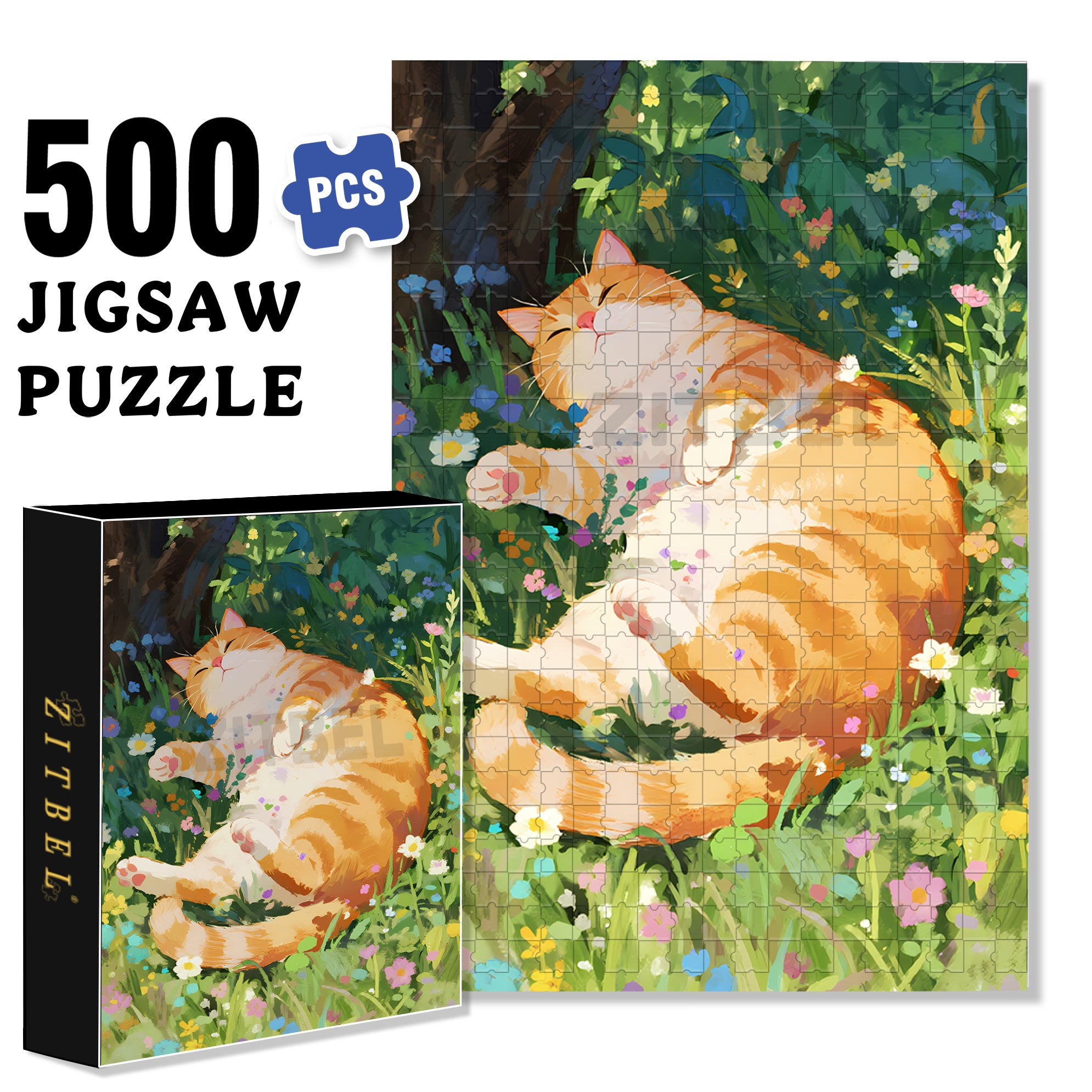 Lazy Orange Cat 500pcs/1000pcs Jigsaw Puzzle, Scratch-Resistant, Interactive Family Game & Brain-Boosting DIY Decor, Perfect for Halloween, Christmas & New Year Gifts, Family Puzzle Game