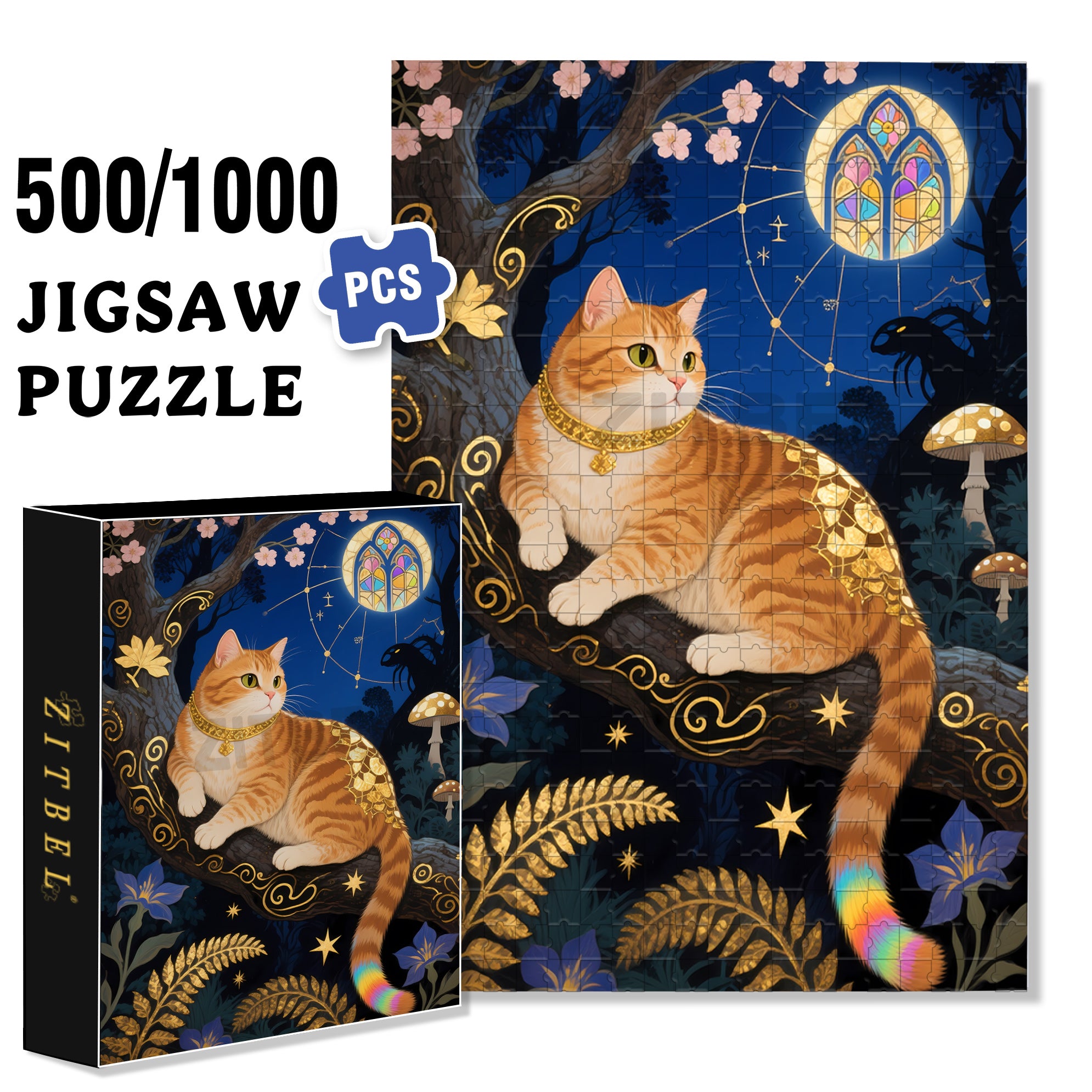 The Cat Under The Moonlight 500pcs/1000pcs Jigsaw Puzzle, Scratch-Resistant, Interactive Family Game & Brain-Boosting DIY Decor, Perfect for Halloween, Christmas & New Year Gifts, Family Puzzle Game