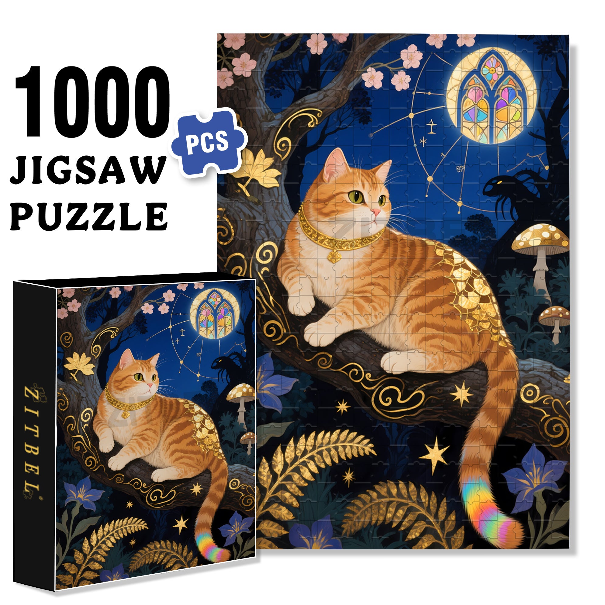 The Cat Under The Moonlight 500pcs/1000pcs Jigsaw Puzzle, Scratch-Resistant, Interactive Family Game & Brain-Boosting DIY Decor, Perfect for Halloween, Christmas & New Year Gifts, Family Puzzle Game