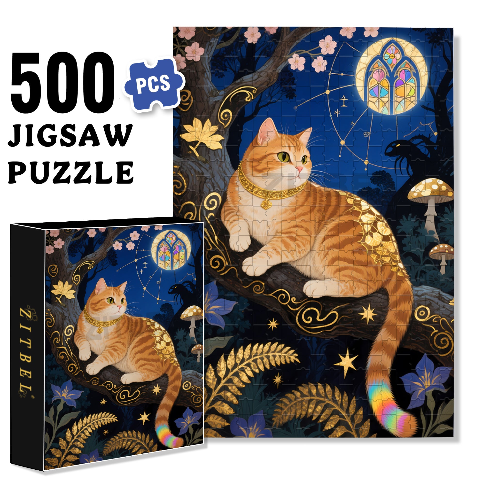 The Cat Under The Moonlight 500pcs/1000pcs Jigsaw Puzzle, Scratch-Resistant, Interactive Family Game & Brain-Boosting DIY Decor, Perfect for Halloween, Christmas & New Year Gifts, Family Puzzle Game