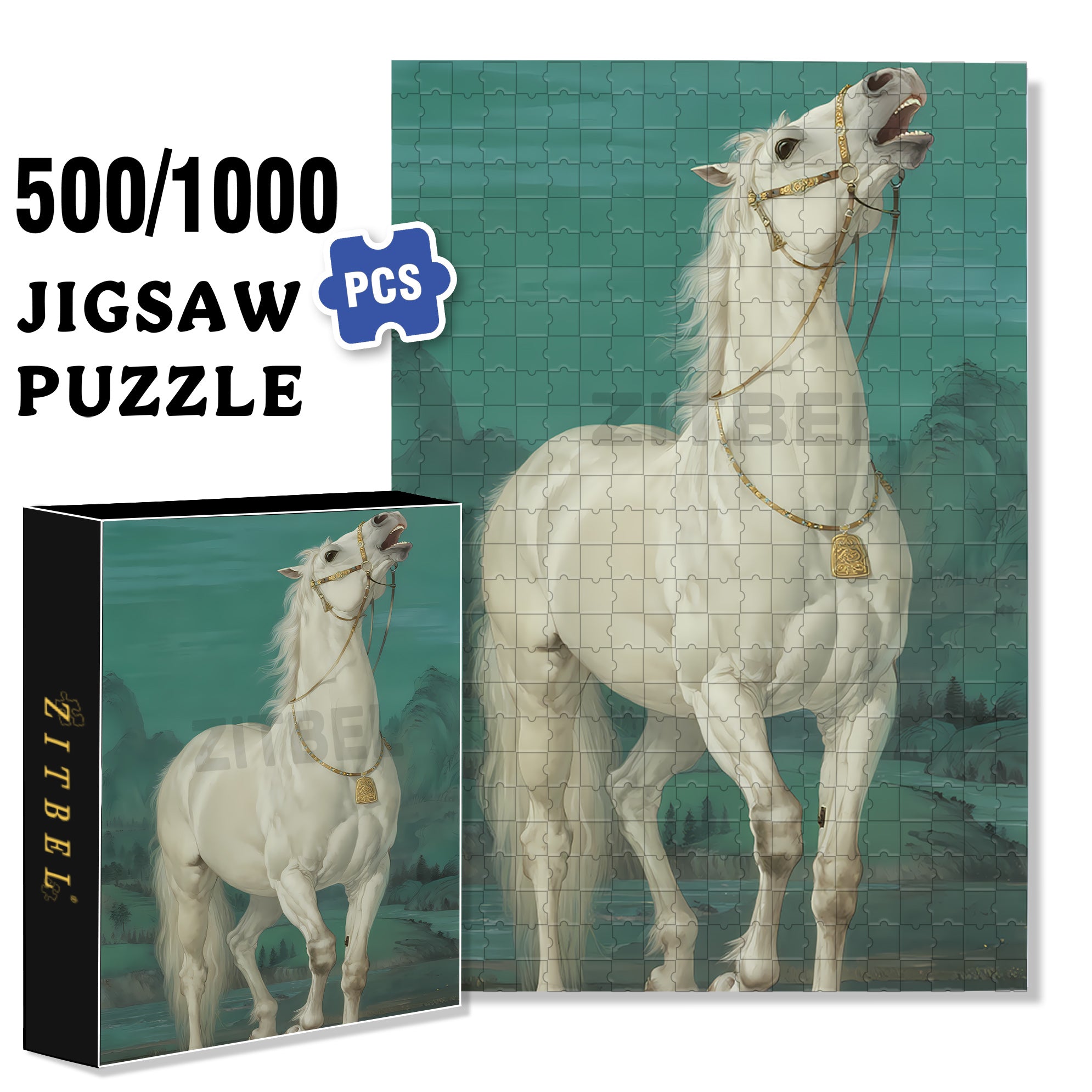 White Horse 500pcs/1000pcs Jigsaw Puzzle, Scratch-Resistant, Interactive Family Game & Brain-Boosting DIY Decor, Perfect for Halloween, Christmas & New Year Gifts, Family Puzzle Game