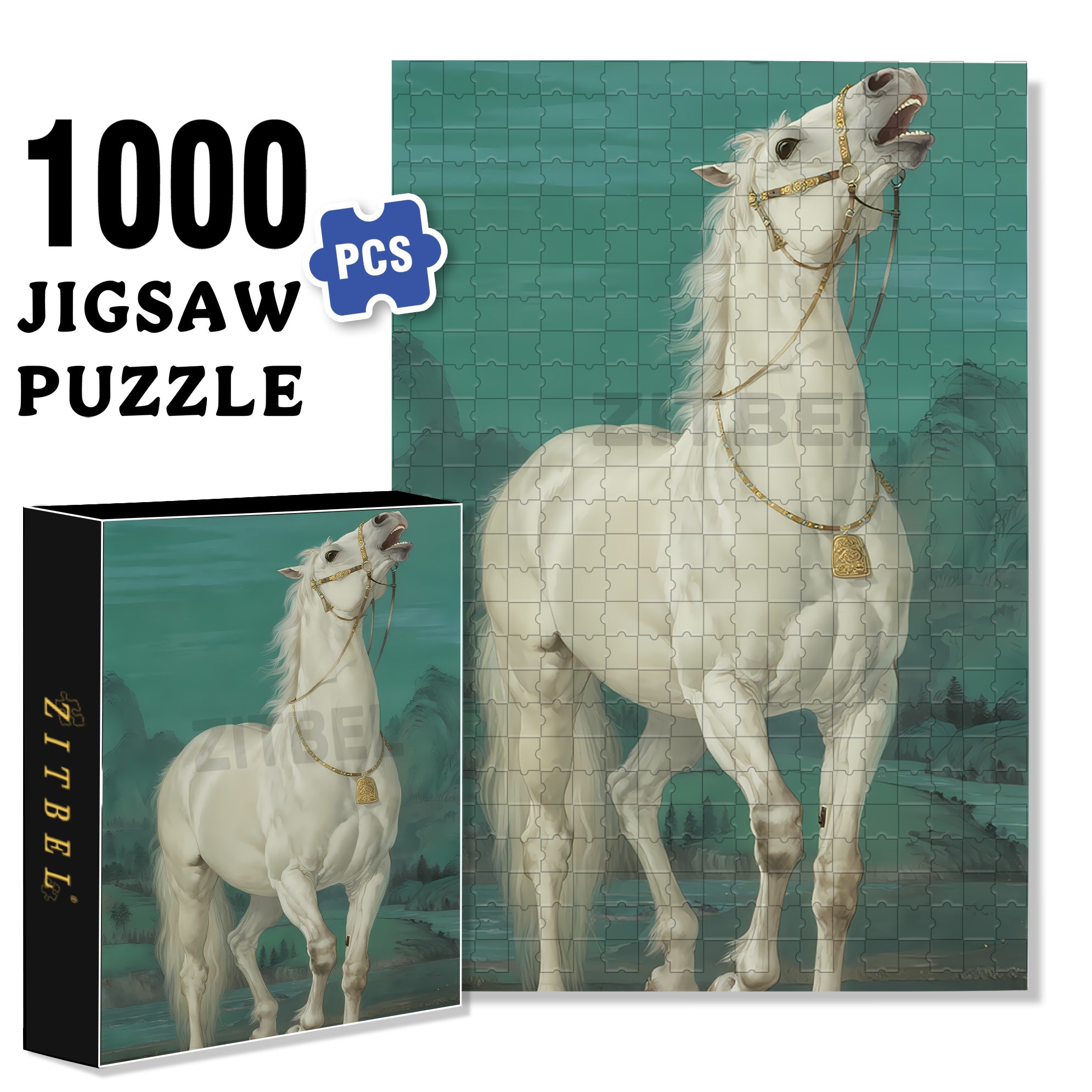 White Horse 500pcs/1000pcs Jigsaw Puzzle, Scratch-Resistant, Interactive Family Game & Brain-Boosting DIY Decor, Perfect for Halloween, Christmas & New Year Gifts, Family Puzzle Game
