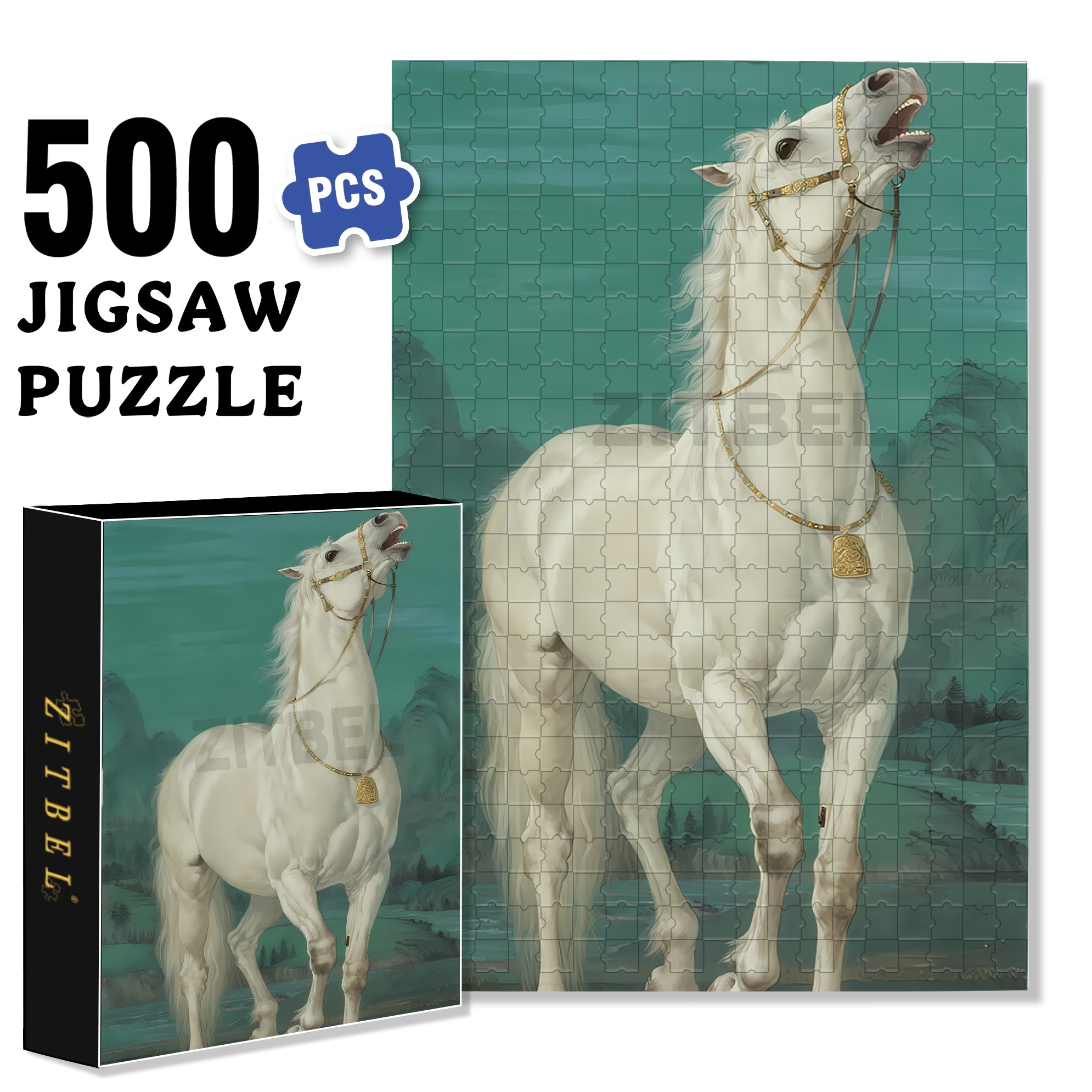 White Horse 500pcs/1000pcs Jigsaw Puzzle, Scratch-Resistant, Interactive Family Game & Brain-Boosting DIY Decor, Perfect for Halloween, Christmas & New Year Gifts, Family Puzzle Game