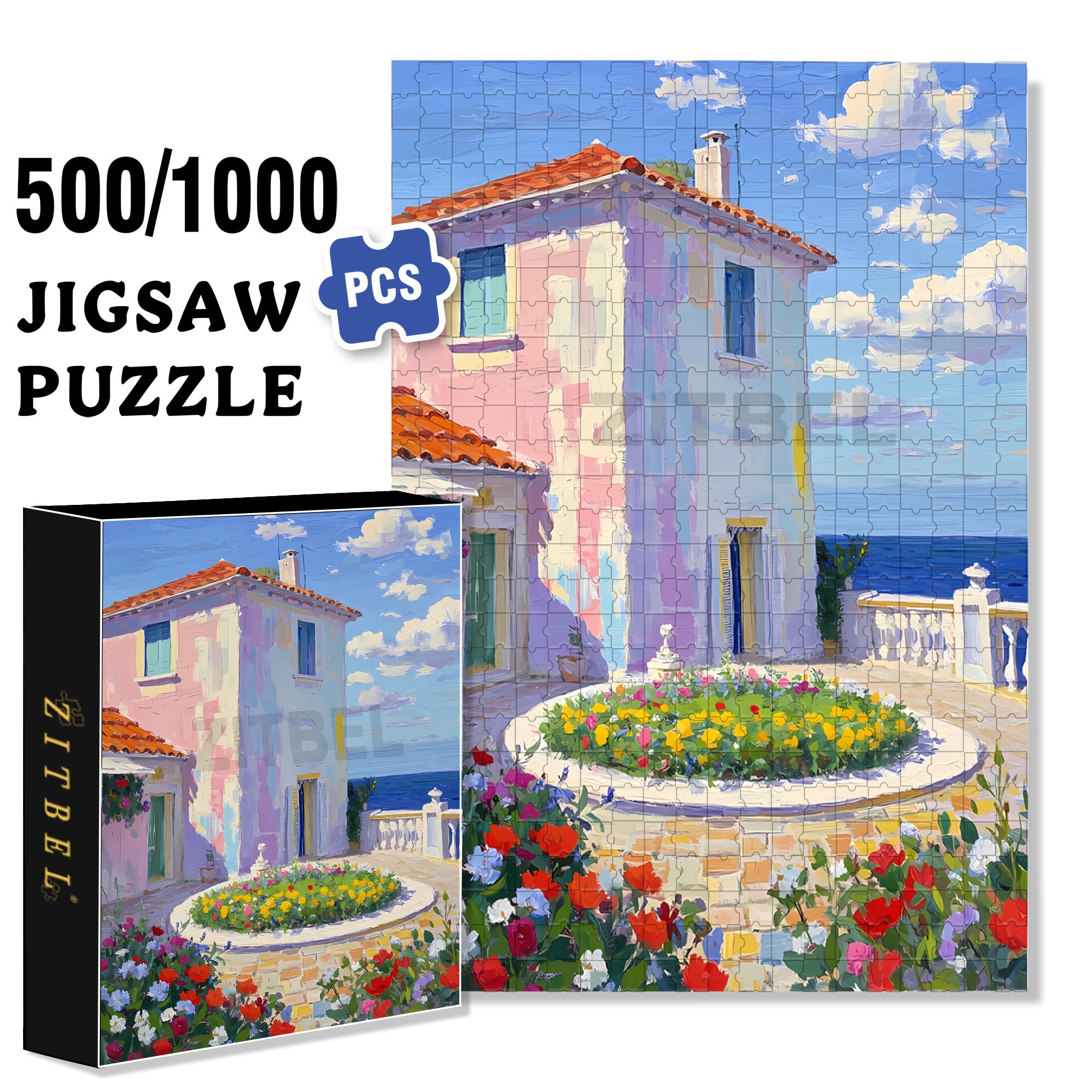 Beach House 500pcs/1000pcs Jigsaw Puzzle, Scratch-Resistant, Interactive Family Game & Brain-Boosting DIY Decor, Perfect for Halloween, Christmas & New Year Gifts, Family Puzzle Game