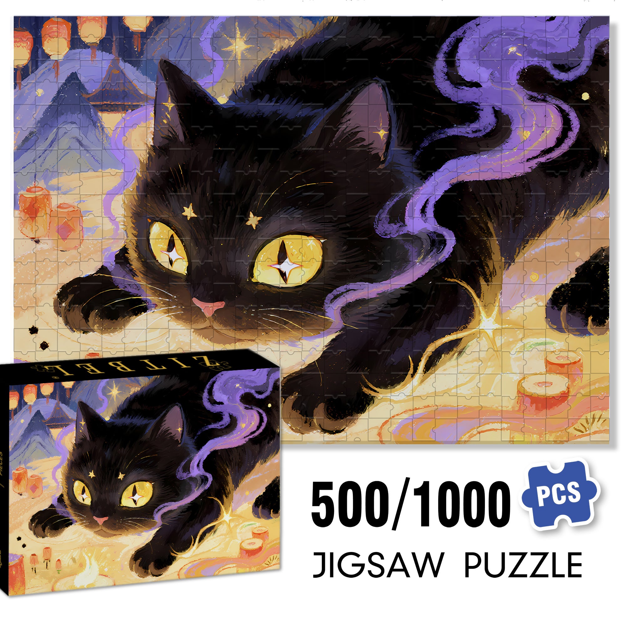 Black Cat1 500pcs/1000pcs Jigsaw Puzzle, Scratch-Resistant, Interactive Family Game & Brain-Boosting DIY Decor, Perfect for Halloween, Christmas & New Year Gifts, Family Puzzle Game