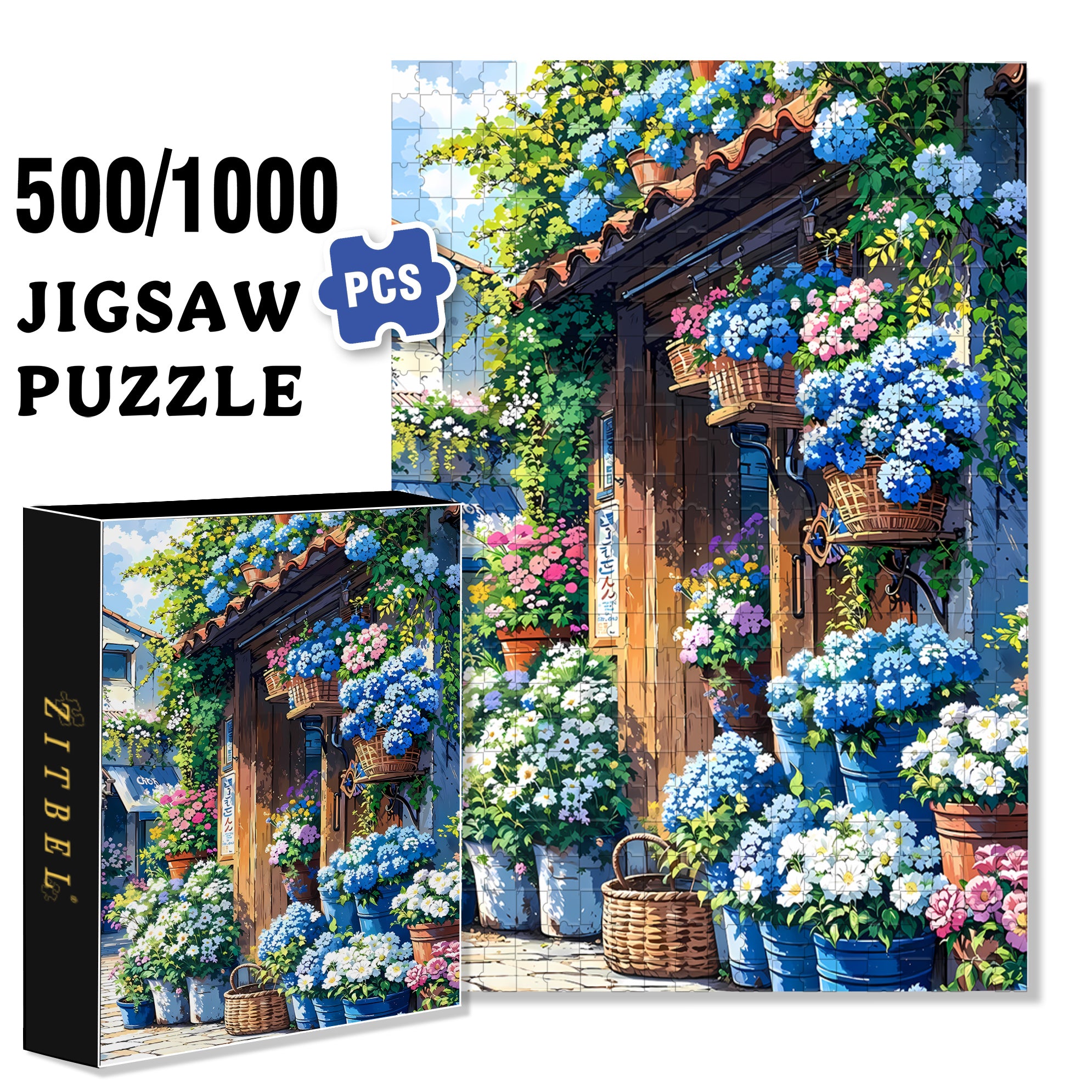 Blue Flowers 500pcs/1000pcs Jigsaw Puzzle, Scratch-Resistant, Interactive Family Game & Brain-Boosting DIY Decor, Perfect for Halloween, Christmas & New Year Gifts, Family Puzzle Game
