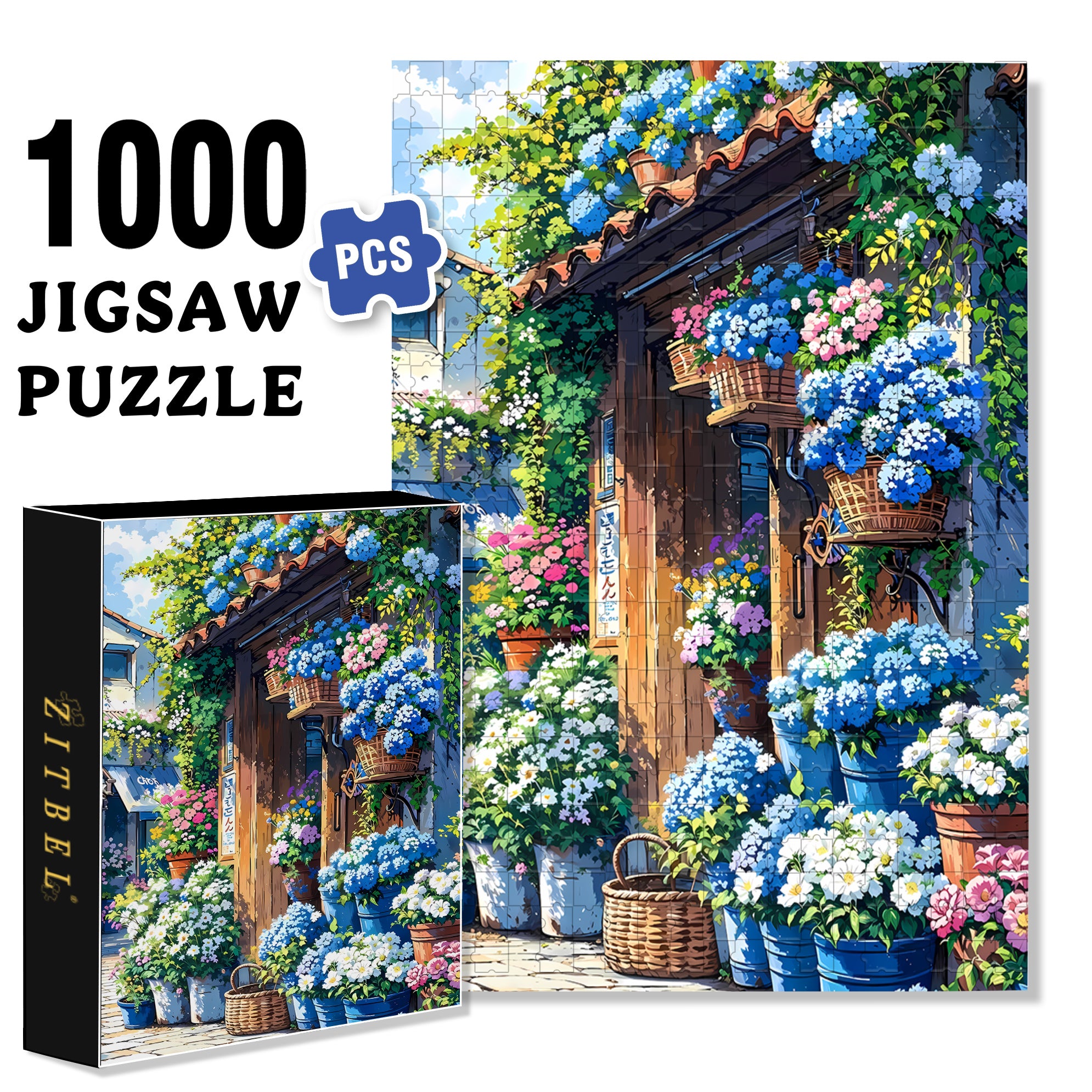 Blue Flowers 500pcs/1000pcs Jigsaw Puzzle, Scratch-Resistant, Interactive Family Game & Brain-Boosting DIY Decor, Perfect for Halloween, Christmas & New Year Gifts, Family Puzzle Game