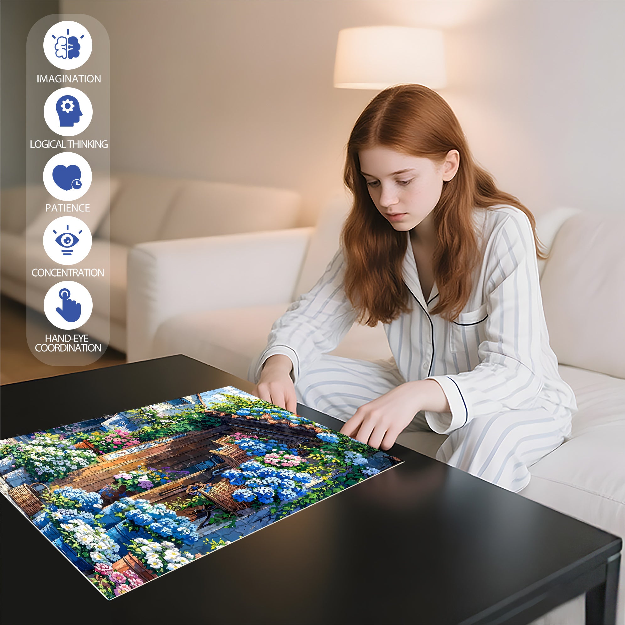 Blue Flowers 500pcs/1000pcs Jigsaw Puzzle, Scratch-Resistant, Interactive Family Game & Brain-Boosting DIY Decor, Perfect for Halloween, Christmas & New Year Gifts, Family Puzzle Game