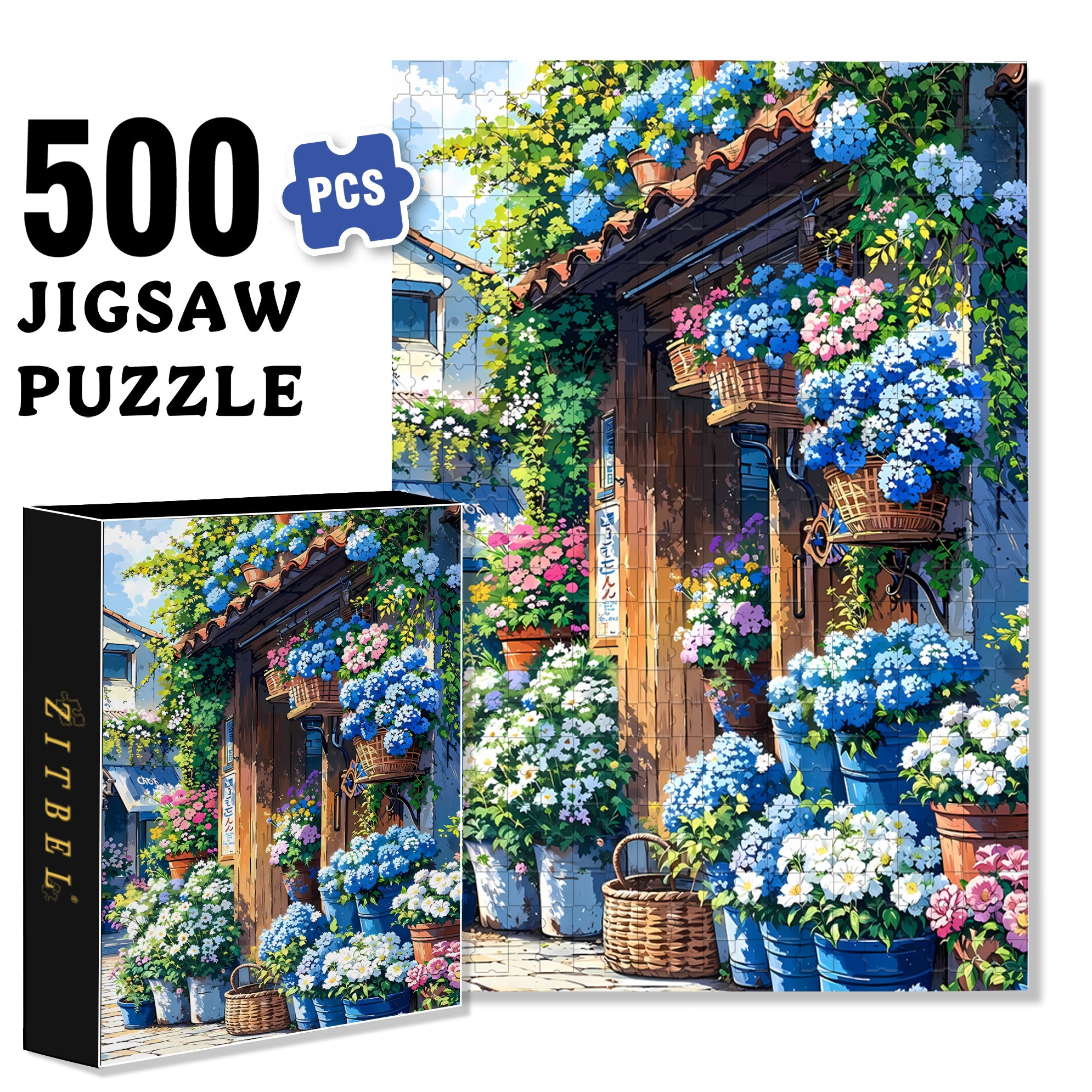 Blue Flowers 500pcs/1000pcs Jigsaw Puzzle, Scratch-Resistant, Interactive Family Game & Brain-Boosting DIY Decor, Perfect for Halloween, Christmas & New Year Gifts, Family Puzzle Game