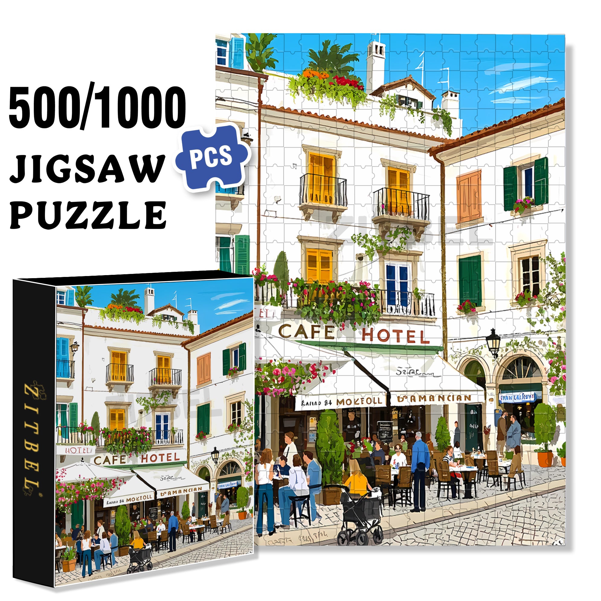 Cafe Hotel 500pcs/1000pcs Jigsaw Puzzle, Scratch-Resistant, Interactive Family Game & Brain-Boosting DIY Decor, Perfect for Halloween, Christmas & New Year Gifts, Family Puzzle Game