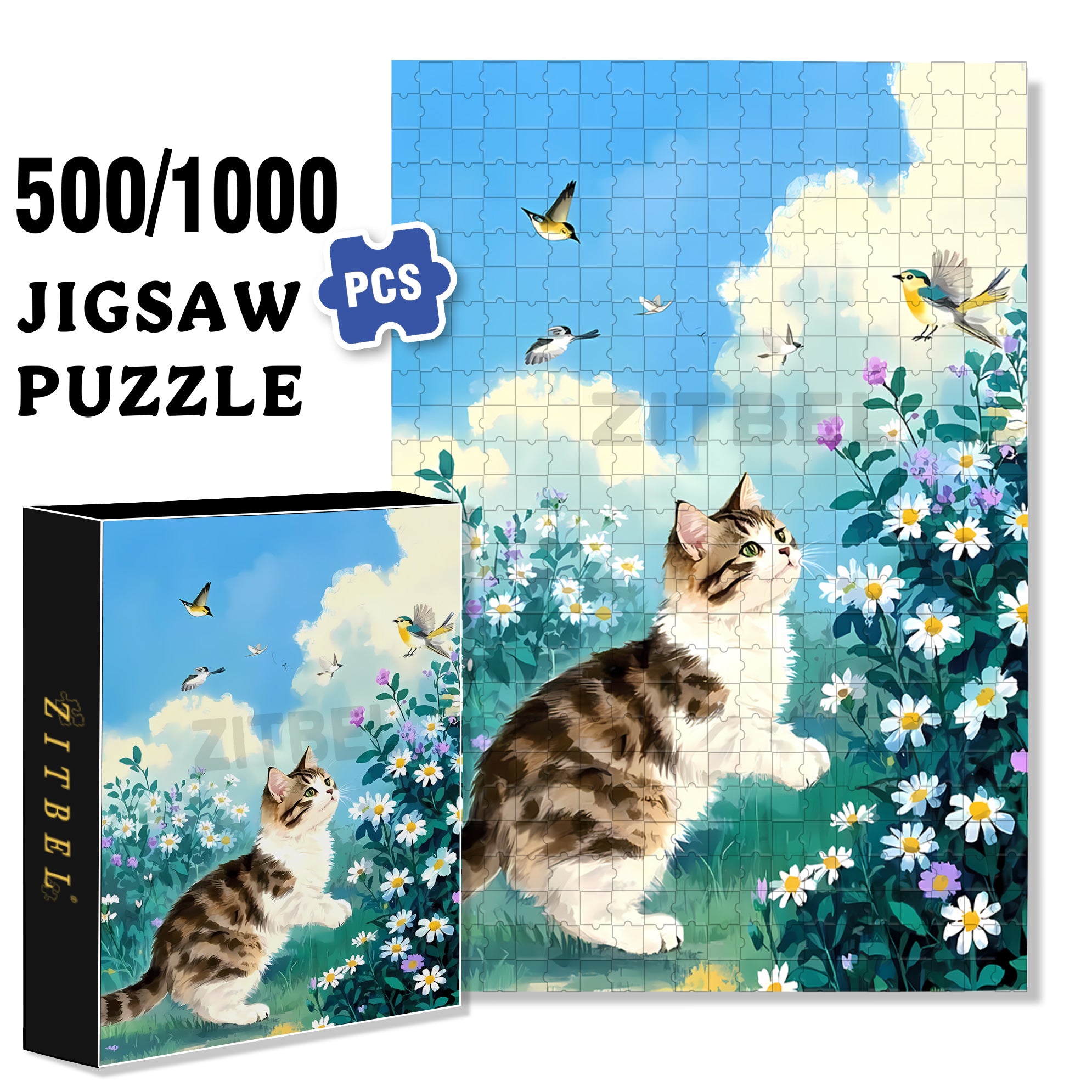 Cat Catching Butterflies 500pcs/1000pcs Jigsaw Puzzle, Scratch-Resistant, Interactive Family Game & Brain-Boosting DIY Decor, Perfect for Halloween, Christmas & New Year Gifts, Family Puzzle Game
