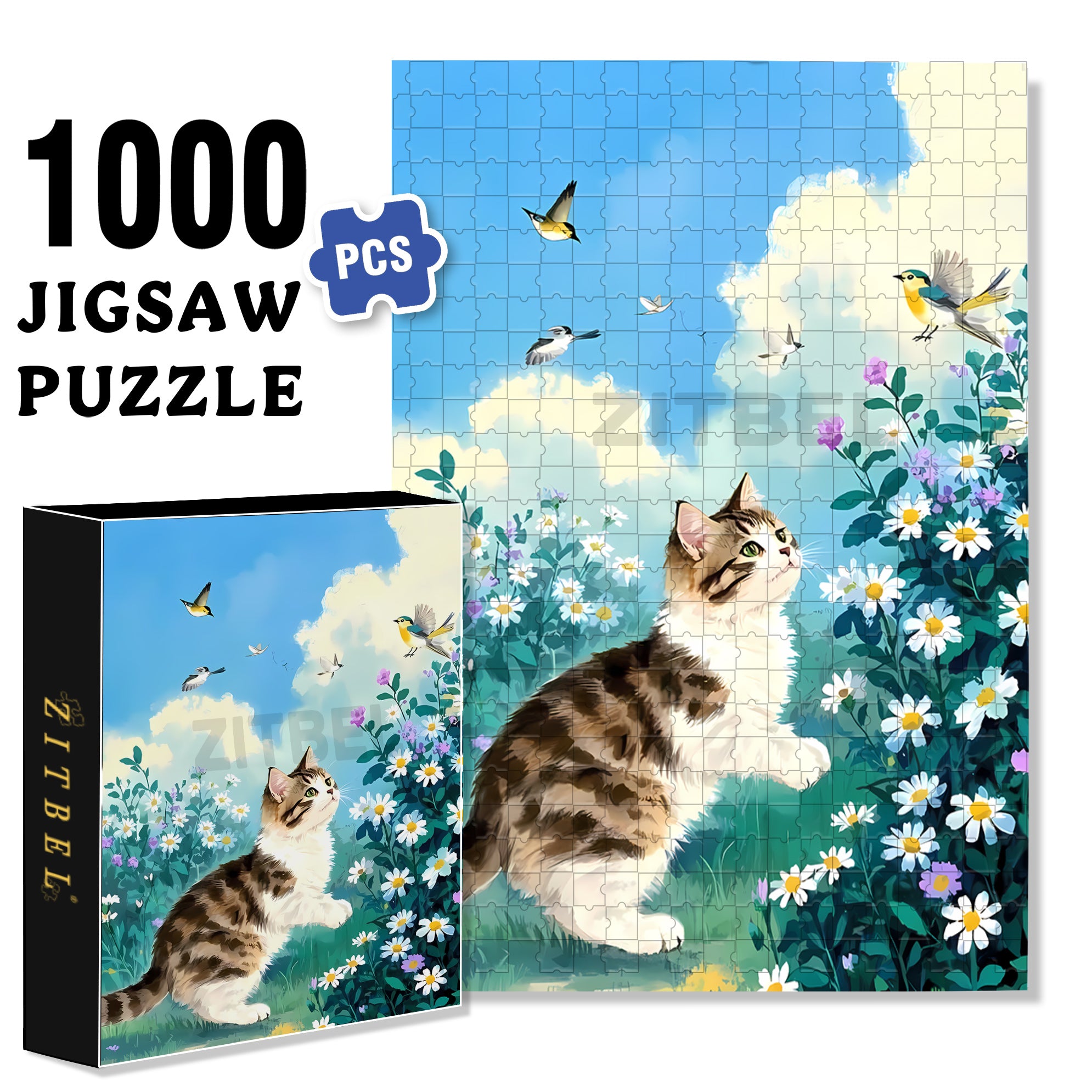 Cat Catching Butterflies 500pcs/1000pcs Jigsaw Puzzle, Scratch-Resistant, Interactive Family Game & Brain-Boosting DIY Decor, Perfect for Halloween, Christmas & New Year Gifts, Family Puzzle Game