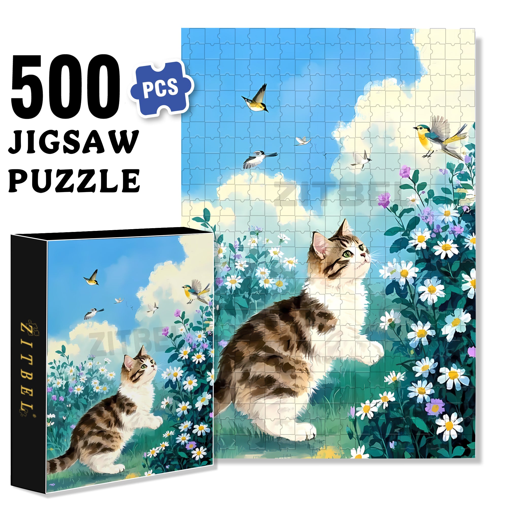 Cat Catching Butterflies 500pcs/1000pcs Jigsaw Puzzle, Scratch-Resistant, Interactive Family Game & Brain-Boosting DIY Decor, Perfect for Halloween, Christmas & New Year Gifts, Family Puzzle Game