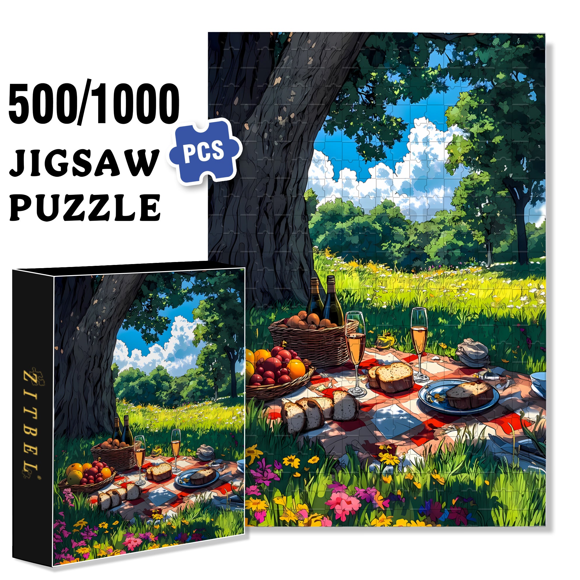 Go On A Picnic In Spring 500pcs/1000pcs Jigsaw Puzzle, Scratch-Resistant, Interactive Family Game & Brain-Boosting DIY Decor, Perfect for Halloween, Christmas & New Year Gifts, Family Puzzle Game