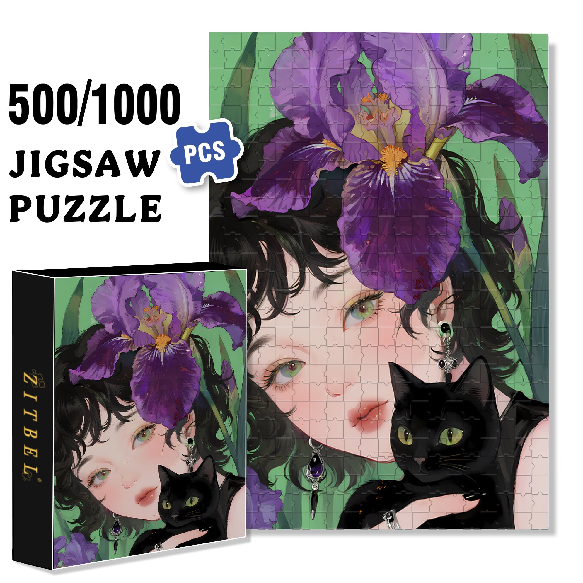Iris & Cat & Me 500pcs/1000pcs Jigsaw Puzzle, Scratch-Resistant, Interactive Family Game & Brain-Boosting DIY Decor, Perfect for Halloween, Christmas & New Year Gifts, Family Puzzle Game