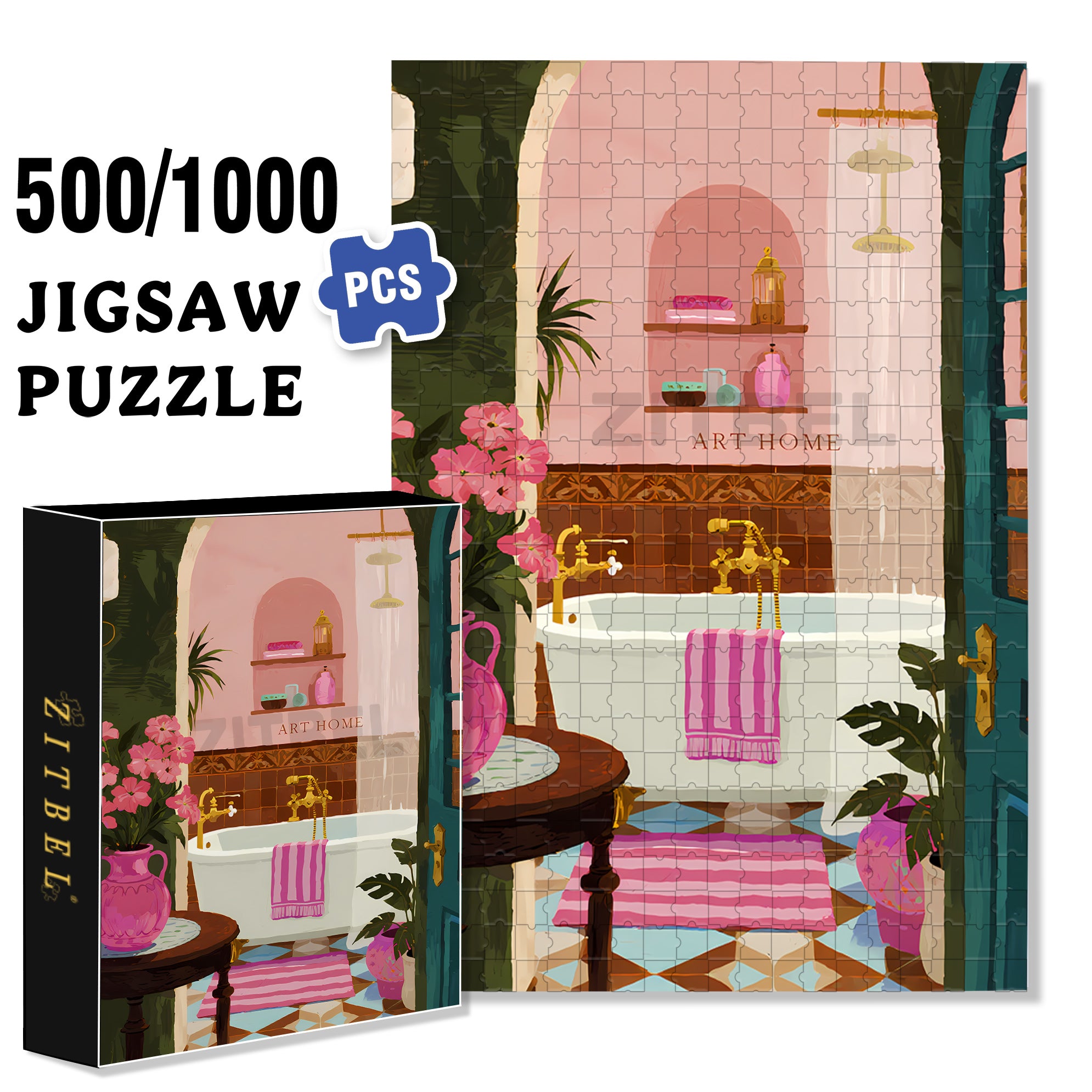 My Bathroom 500pcs/1000pcs Jigsaw Puzzle, Scratch-Resistant, Interactive Family Game & Brain-Boosting DIY Decor, Perfect for Halloween, Christmas & New Year Gifts, Family Puzzle Game