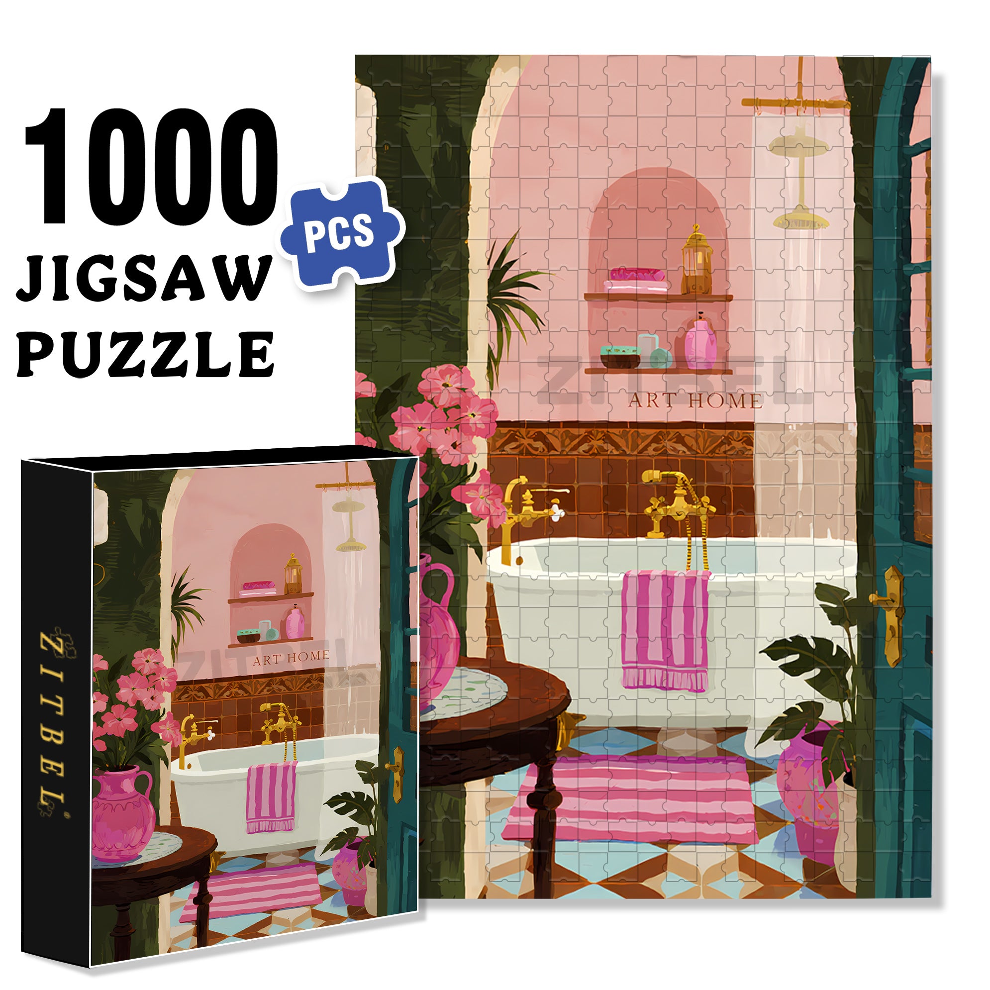 My Bathroom 500pcs/1000pcs Jigsaw Puzzle, Scratch-Resistant, Interactive Family Game & Brain-Boosting DIY Decor, Perfect for Halloween, Christmas & New Year Gifts, Family Puzzle Game
