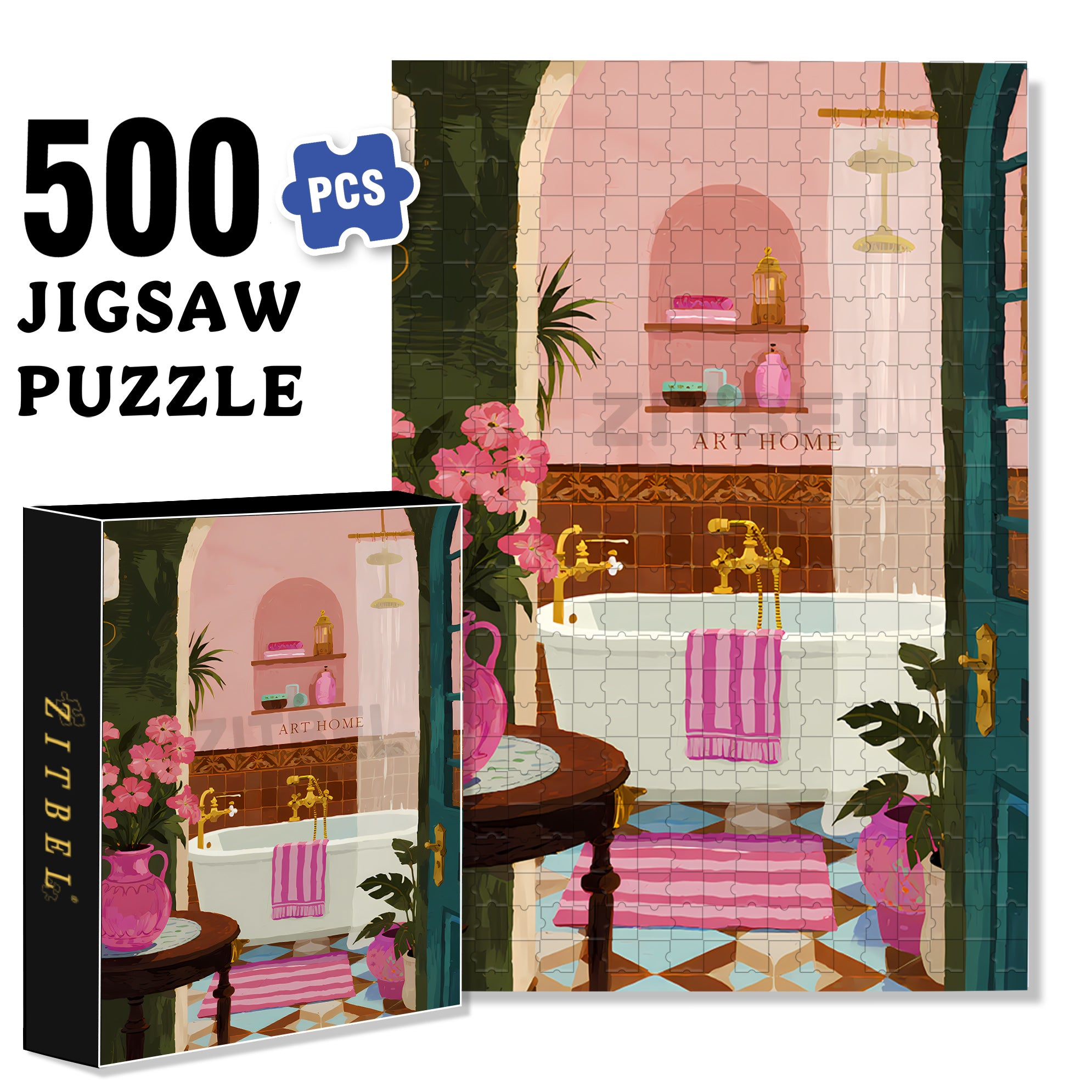 My Bathroom 500pcs/1000pcs Jigsaw Puzzle, Scratch-Resistant, Interactive Family Game & Brain-Boosting DIY Decor, Perfect for Halloween, Christmas & New Year Gifts, Family Puzzle Game