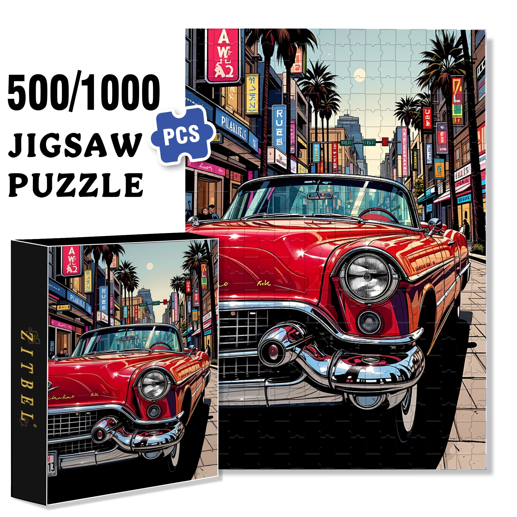 Red Convertible Sports Car 500pcs/1000pcs Jigsaw Puzzle, Scratch-Resistant, Interactive Family Game & Brain-Boosting DIY Decor, Perfect for Halloween, Christmas & New Year Gifts, Family Puzzle Game