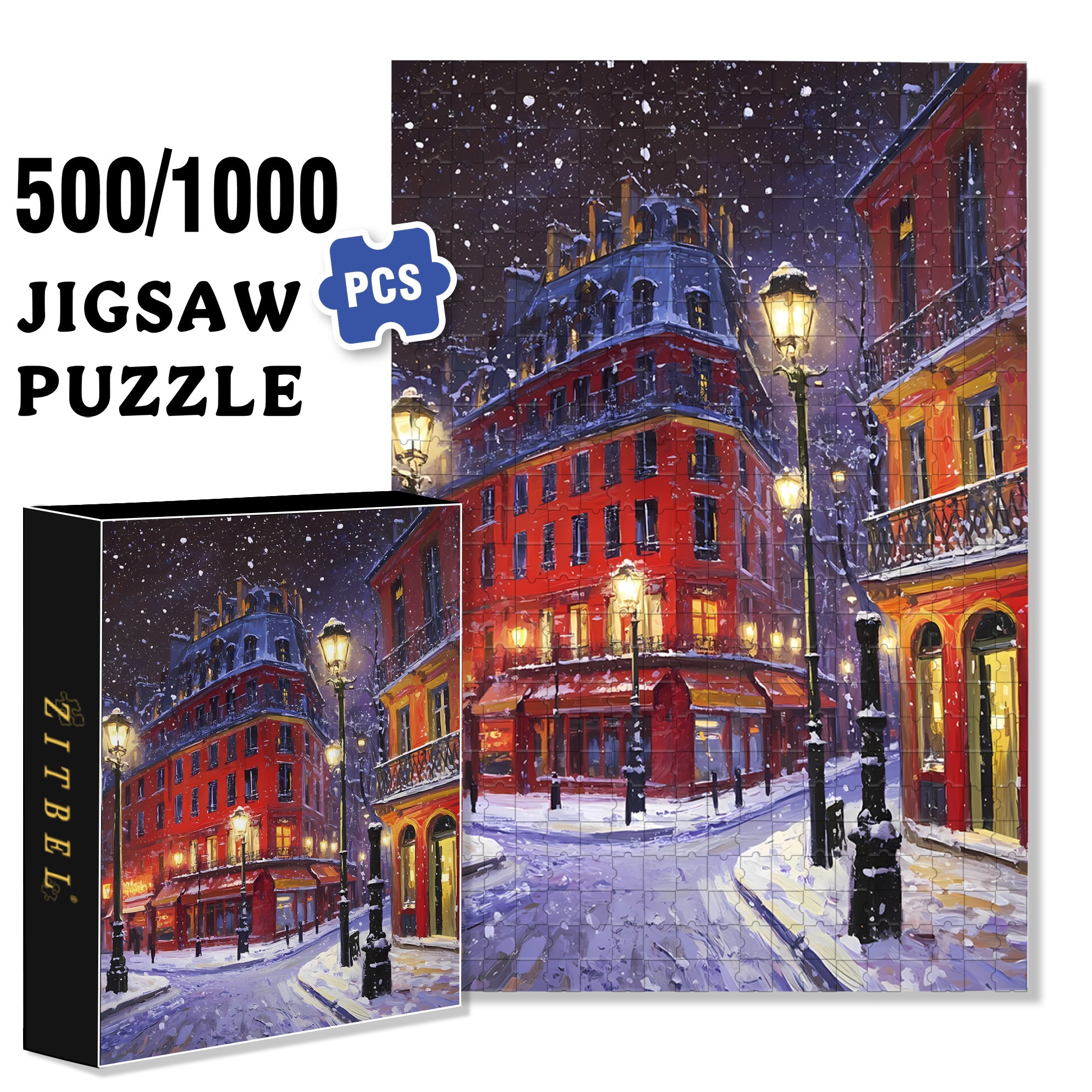 Snowy Night In Paris 500pcs/1000pcs Jigsaw Puzzle, Scratch-Resistant, Interactive Family Game & Brain-Boosting DIY Decor, Perfect for Halloween, Christmas & New Year Gifts, Family Puzzle Game