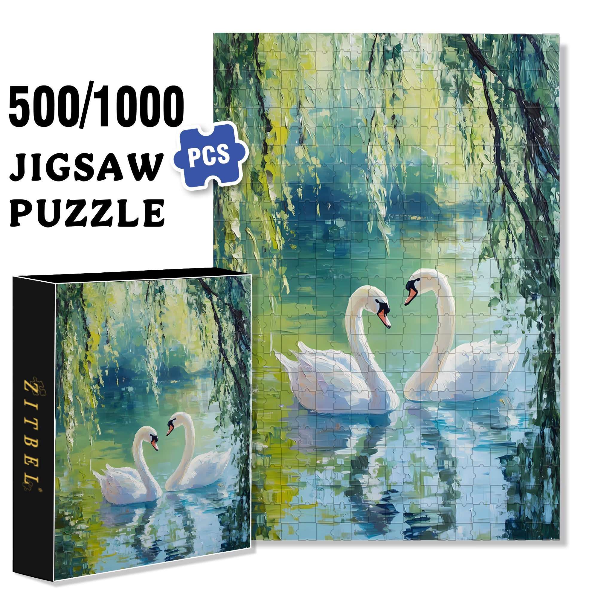 Swan Drawn 500pcs/1000pcs Jigsaw Puzzle, Scratch-Resistant, Interactive Family Game & Brain-Boosting DIY Decor, Perfect for Halloween, Christmas & New Year Gifts, Family Puzzle Game