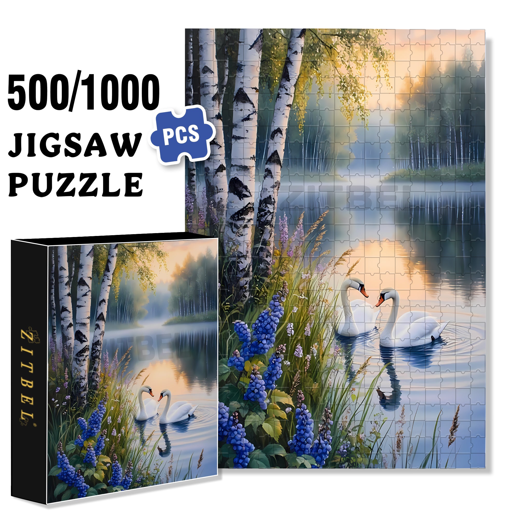 Swans 500pcs/1000pcs Jigsaw Puzzle, Scratch-Resistant, Interactive Family Game & Brain-Boosting DIY Decor, Perfect for Halloween, Christmas & New Year Gifts, Family Puzzle Game