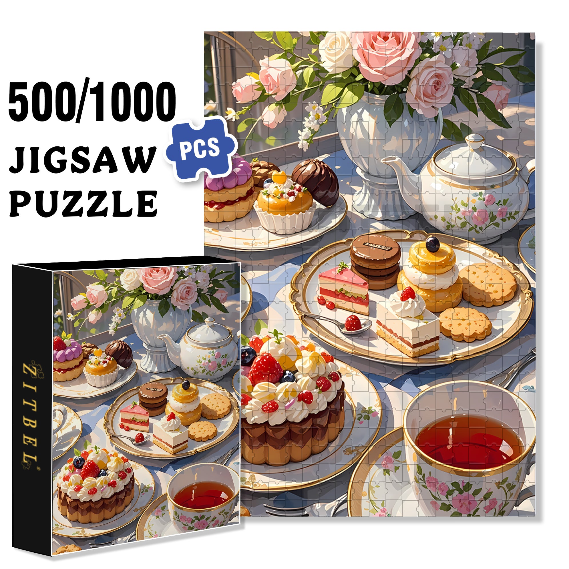 Afternoon Tea 500pcs/1000pcs Jigsaw Puzzle, Scratch-Resistant, Interactive Family Game & Brain-Boosting DIY Decor, Perfect for Halloween, Christmas & New Year Gifts, Family Puzzle Game