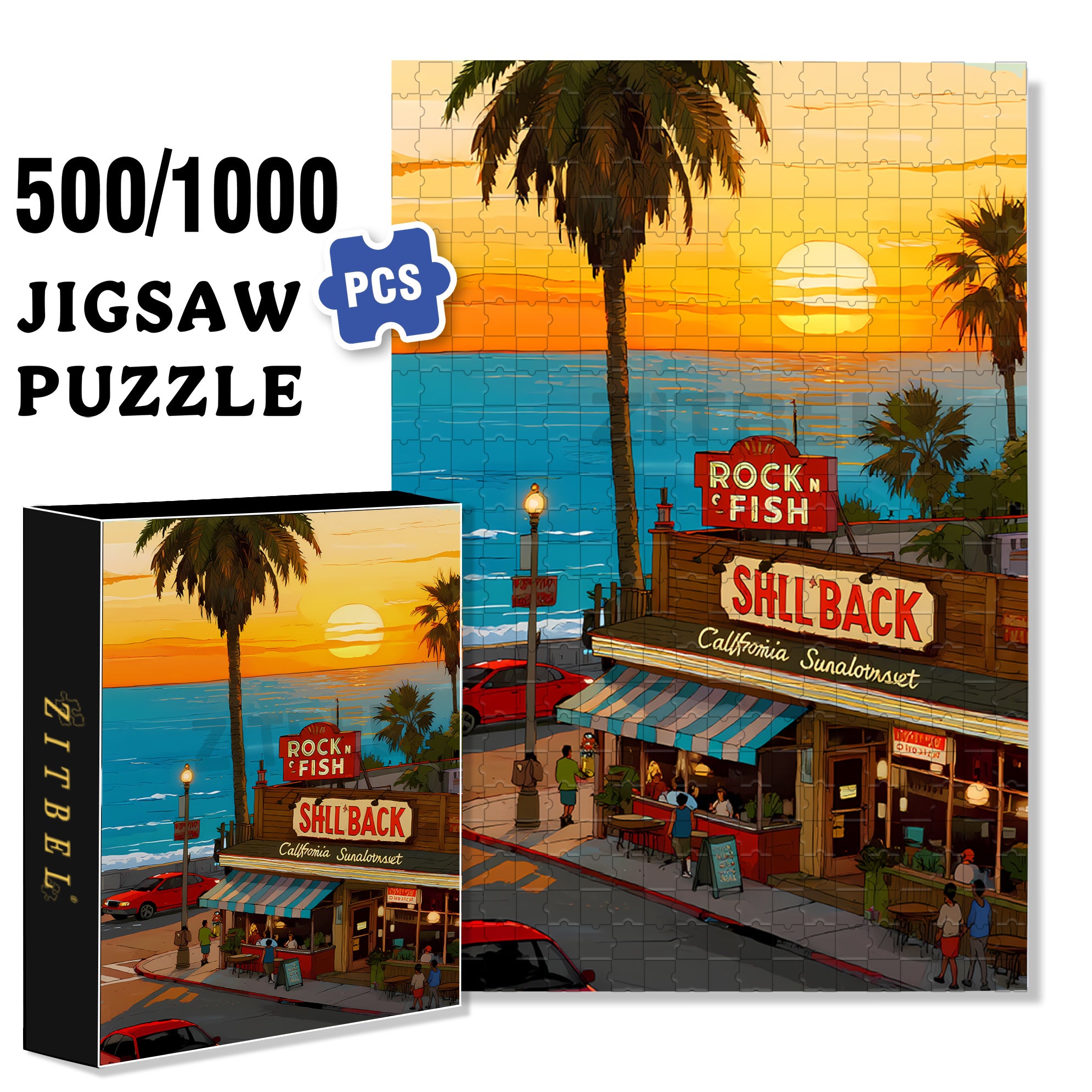 California Sunset 500pcs/1000pcs Jigsaw Puzzle, Scratch-Resistant, Interactive Family Game & Brain-Boosting DIY Decor, Perfect for Halloween, Christmas & New Year Gifts, Family Puzzle Game
