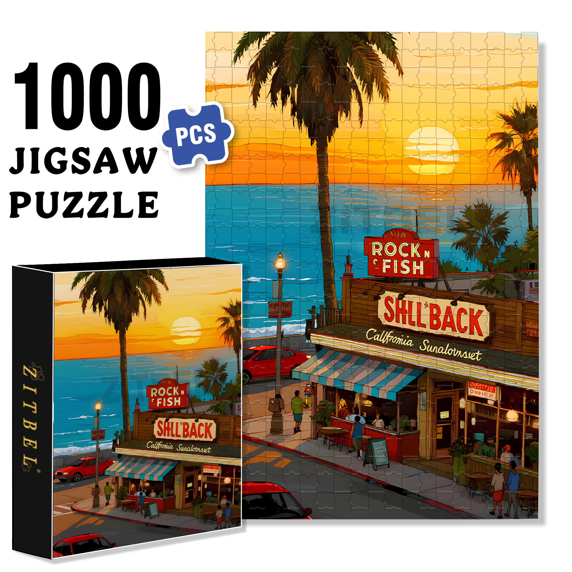 California Sunset 500pcs/1000pcs Jigsaw Puzzle, Scratch-Resistant, Interactive Family Game & Brain-Boosting DIY Decor, Perfect for Halloween, Christmas & New Year Gifts, Family Puzzle Game