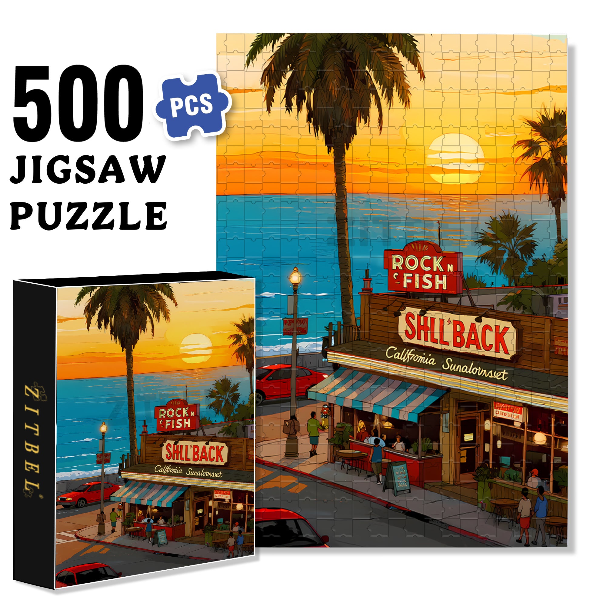 California Sunset 500pcs/1000pcs Jigsaw Puzzle, Scratch-Resistant, Interactive Family Game & Brain-Boosting DIY Decor, Perfect for Halloween, Christmas & New Year Gifts, Family Puzzle Game