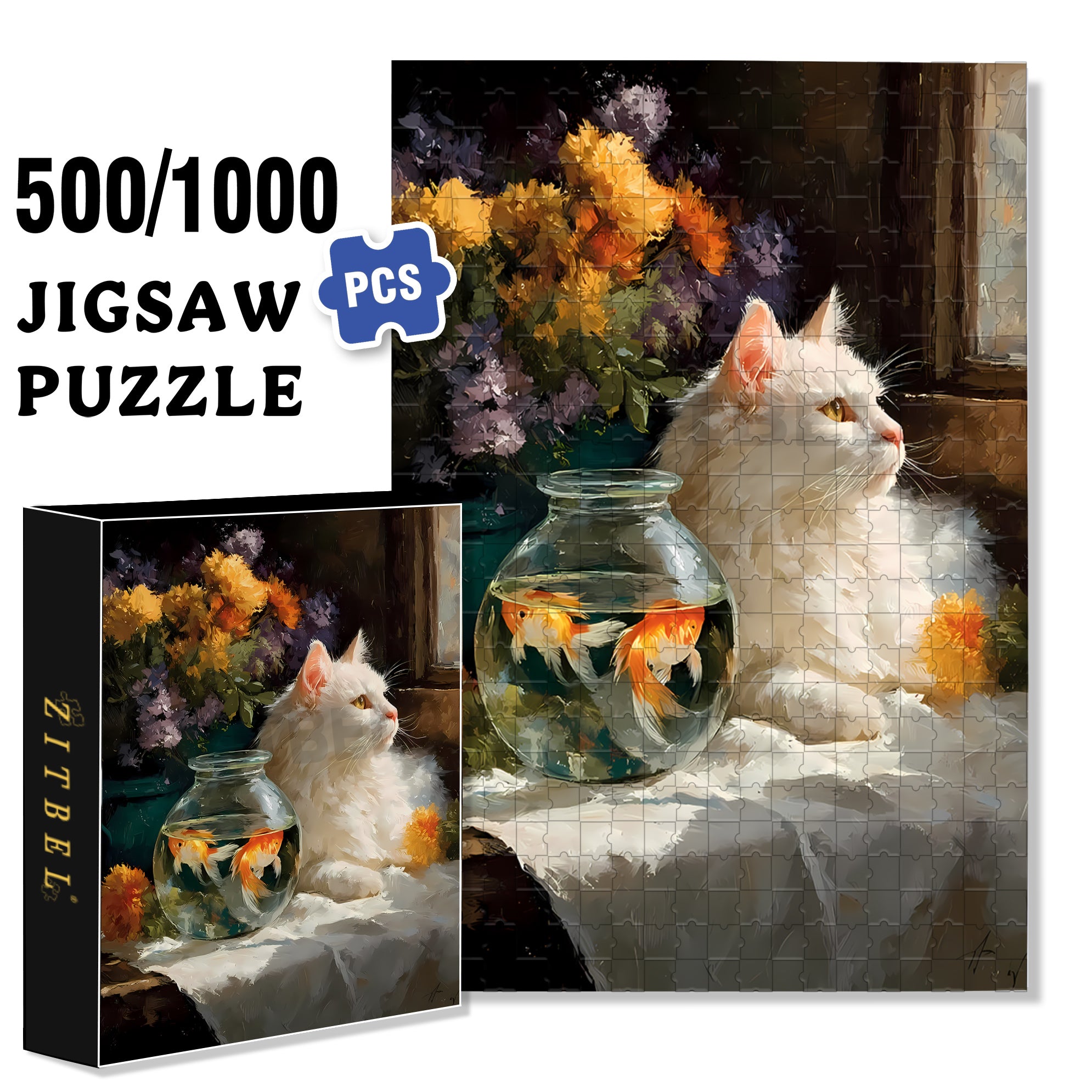 Cat And Goldfish 500pcs/1000pcs Jigsaw Puzzle, Scratch-Resistant, Interactive Family Game & Brain-Boosting DIY Decor, Perfect for Halloween, Christmas & New Year Gifts, Family Puzzle Game