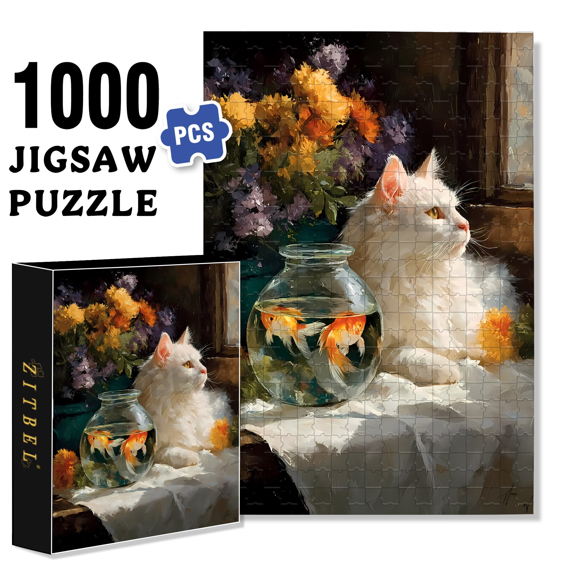 Cat And Goldfish 500pcs/1000pcs Jigsaw Puzzle, Scratch-Resistant, Interactive Family Game & Brain-Boosting DIY Decor, Perfect for Halloween, Christmas & New Year Gifts, Family Puzzle Game