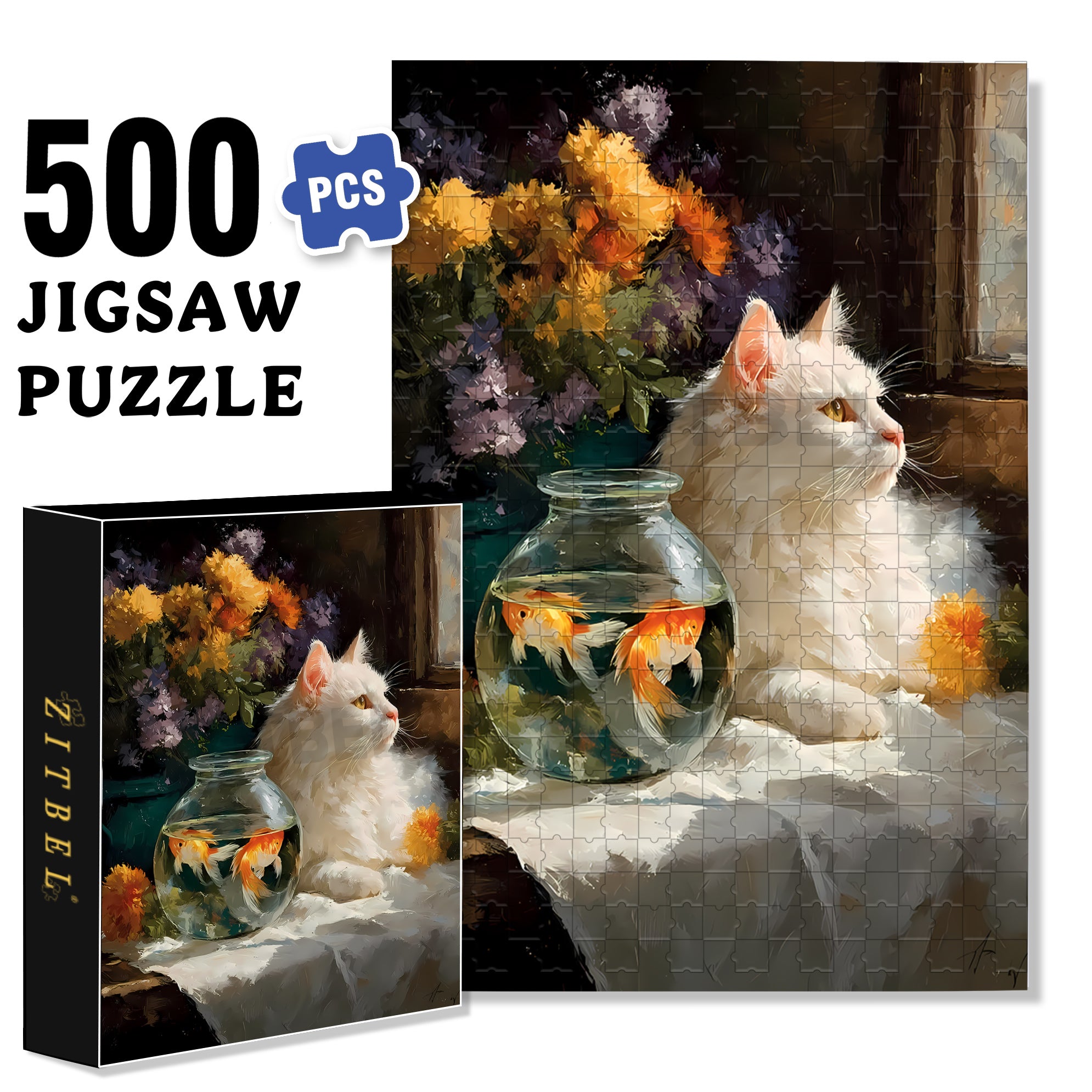 Cat And Goldfish 500pcs/1000pcs Jigsaw Puzzle, Scratch-Resistant, Interactive Family Game & Brain-Boosting DIY Decor, Perfect for Halloween, Christmas & New Year Gifts, Family Puzzle Game
