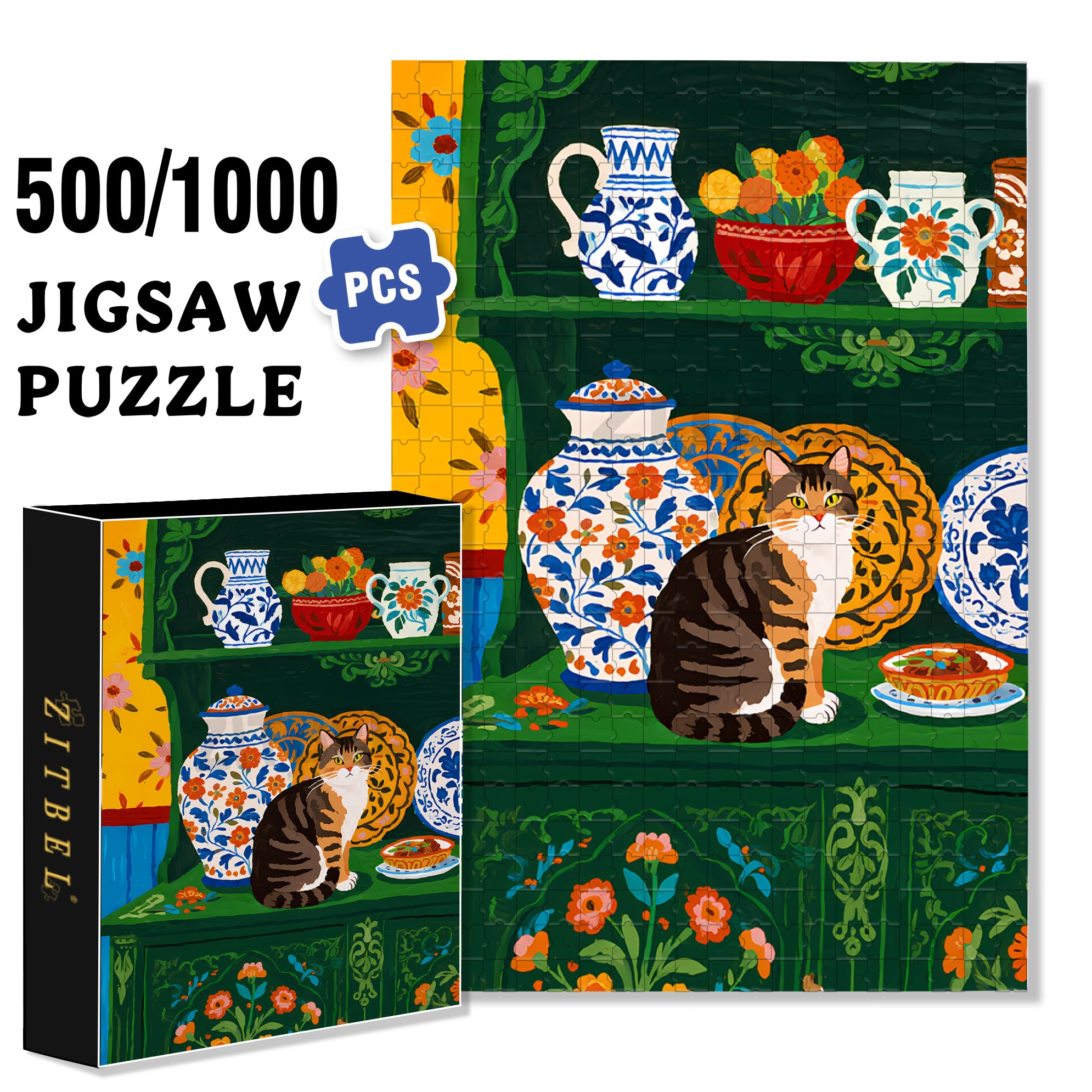 Cat On The Sideboard 500pcs/1000pcs Jigsaw Puzzle, Scratch-Resistant, Interactive Family Game & Brain-Boosting DIY Decor, Perfect for Halloween, Christmas & New Year Gifts, Family Puzzle Game
