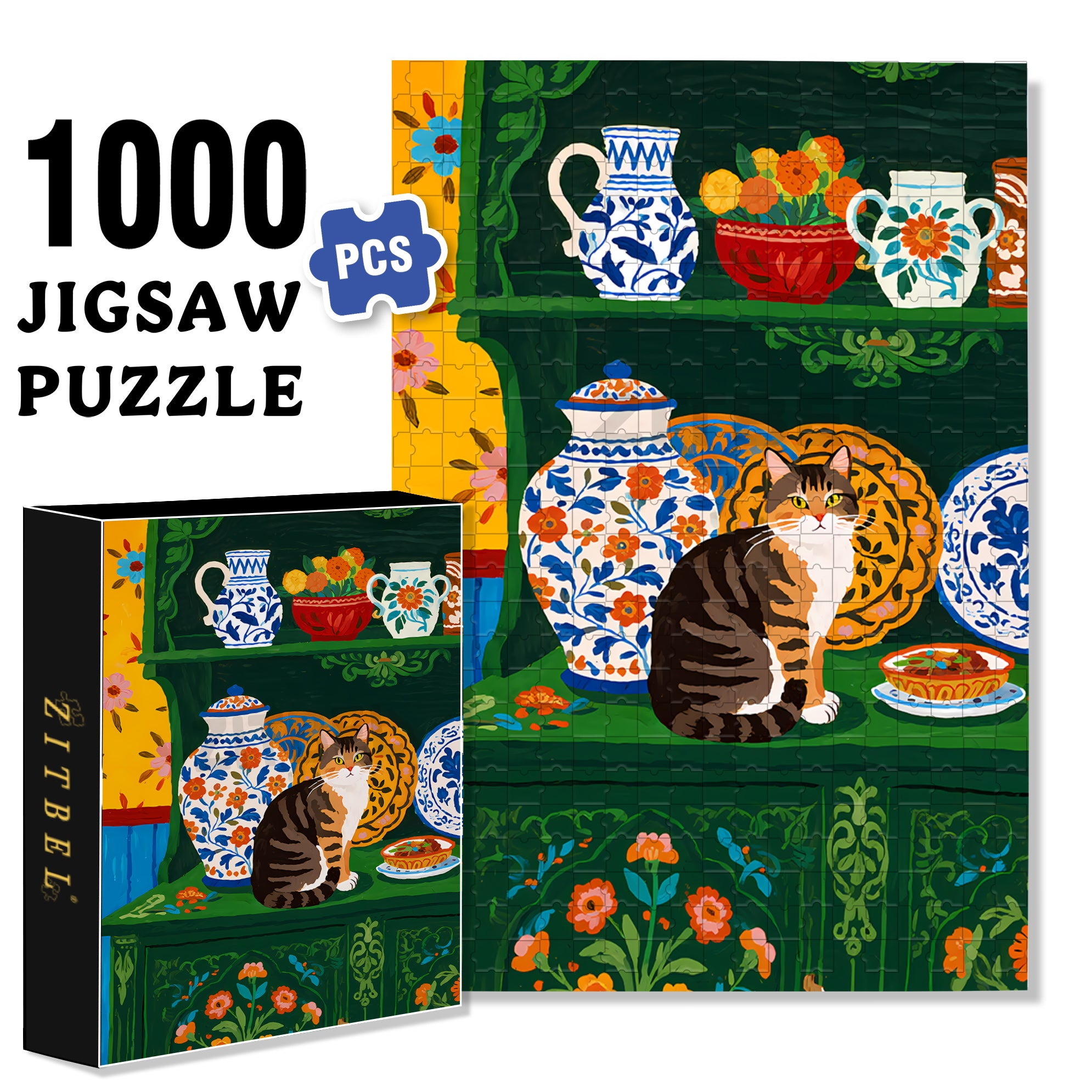 Cat On The Sideboard 500pcs/1000pcs Jigsaw Puzzle, Scratch-Resistant, Interactive Family Game & Brain-Boosting DIY Decor, Perfect for Halloween, Christmas & New Year Gifts, Family Puzzle Game