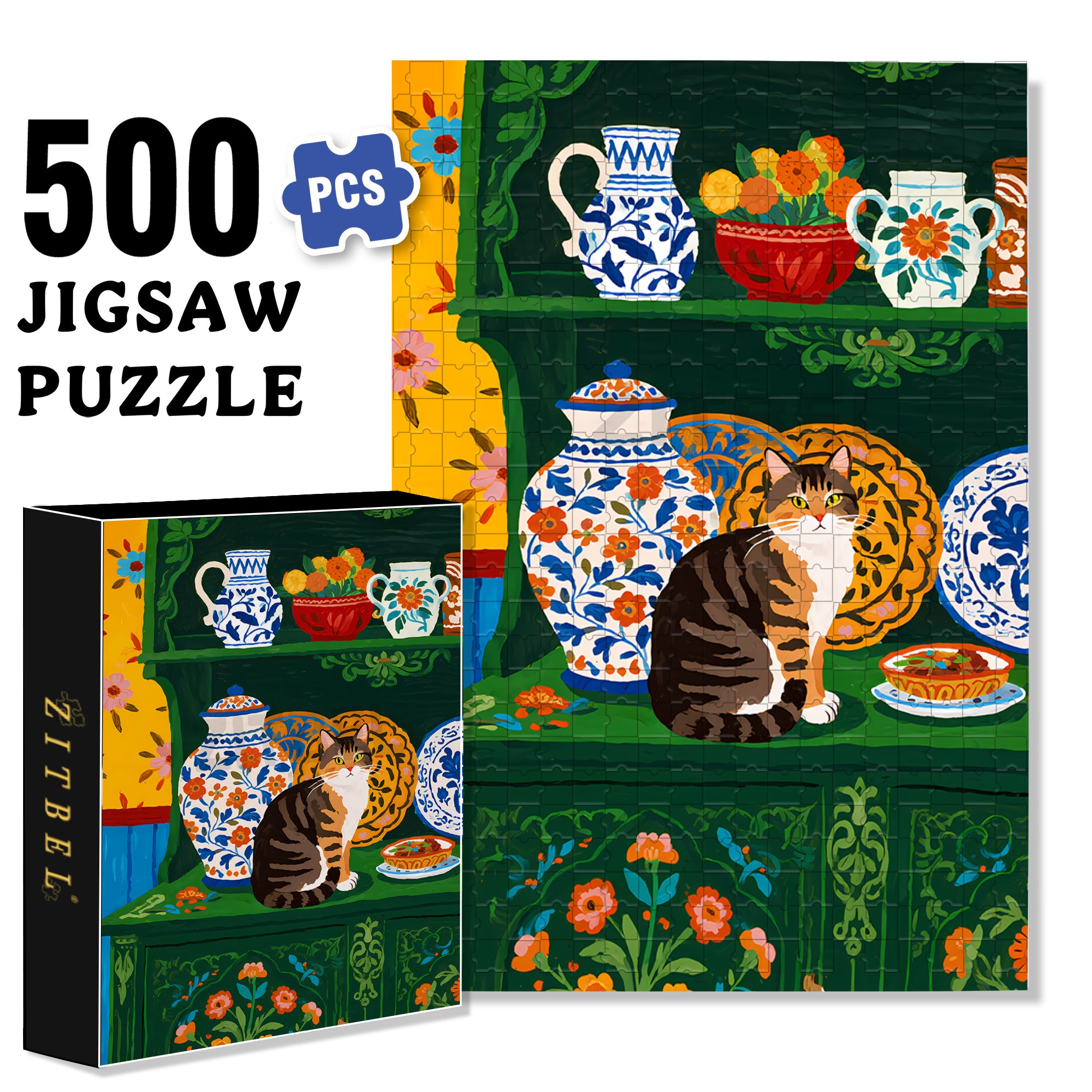 Cat On The Sideboard 500pcs/1000pcs Jigsaw Puzzle, Scratch-Resistant, Interactive Family Game & Brain-Boosting DIY Decor, Perfect for Halloween, Christmas & New Year Gifts, Family Puzzle Game