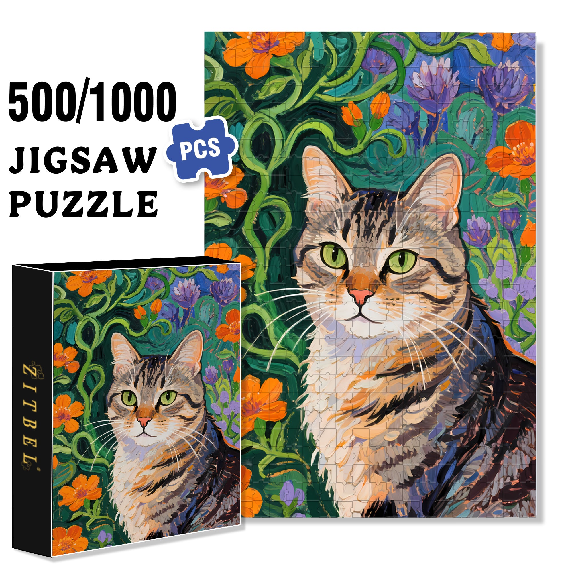 Cool Cat 500pcs/1000pcs Jigsaw Puzzle, Scratch-Resistant, Interactive Family Game & Brain-Boosting DIY Decor, Perfect for Halloween, Christmas & New Year Gifts, Family Puzzle Game