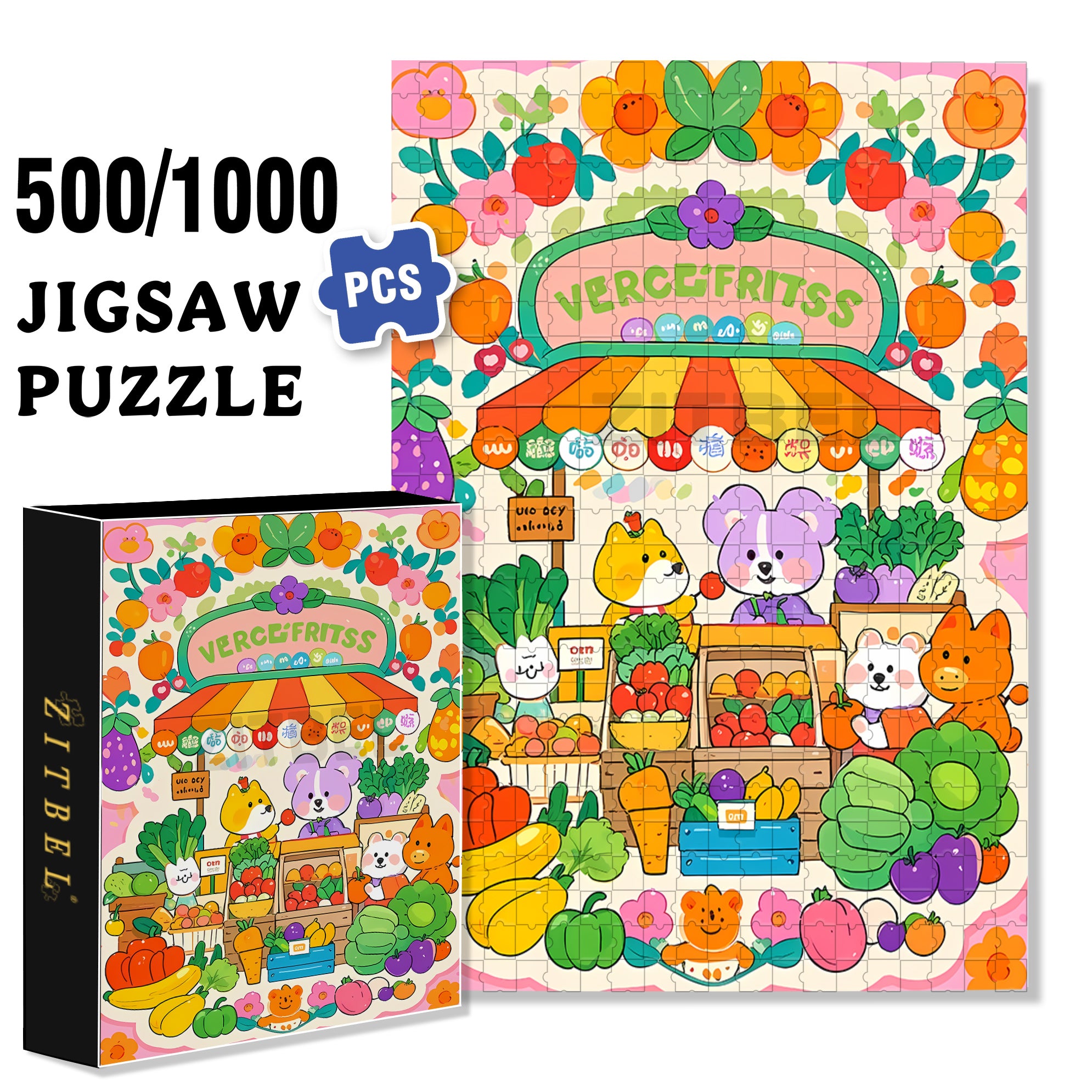 Cute Fruit Stall 500pcs/1000pcs Jigsaw Puzzle, Scratch-Resistant, Interactive Family Game & Brain-Boosting DIY Decor, Perfect for Halloween, Christmas & New Year Gifts, Family Puzzle Game