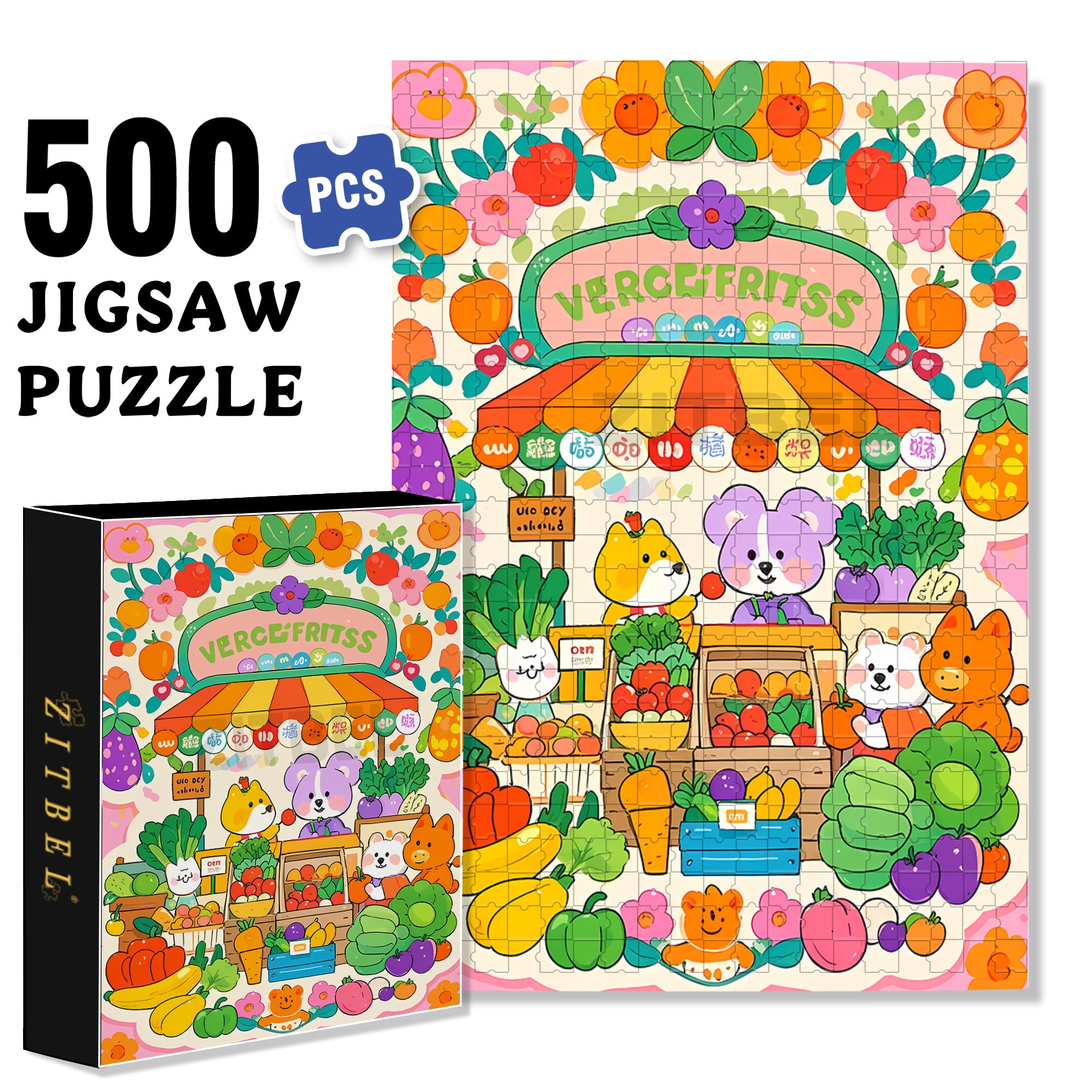 Cute Fruit Stall 500pcs/1000pcs Jigsaw Puzzle, Scratch-Resistant, Interactive Family Game & Brain-Boosting DIY Decor, Perfect for Halloween, Christmas & New Year Gifts, Family Puzzle Game