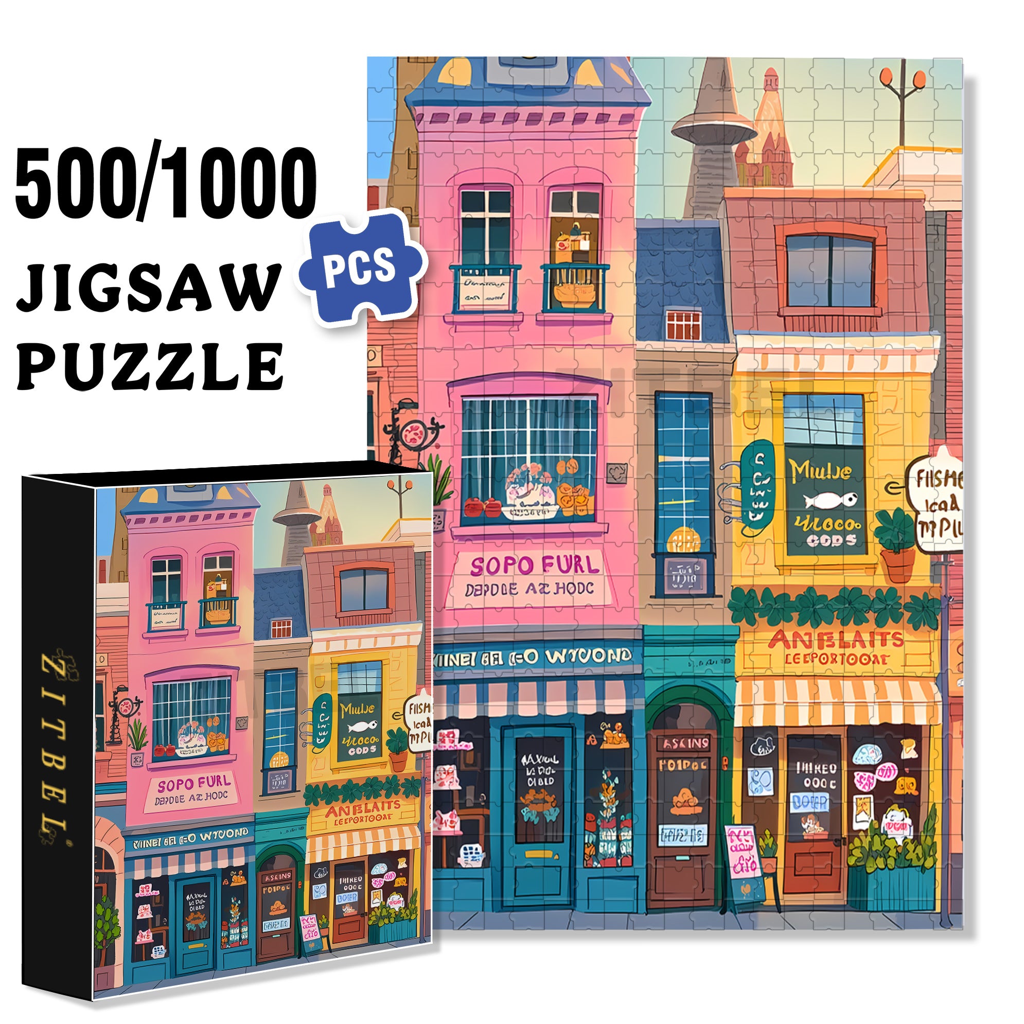 Main Street Shops 500pcs/1000pcs Jigsaw Puzzle, Scratch-Resistant, Interactive Family Game & Brain-Boosting DIY Decor, Perfect for Halloween, Christmas & New Year Gifts, Family Puzzle Game