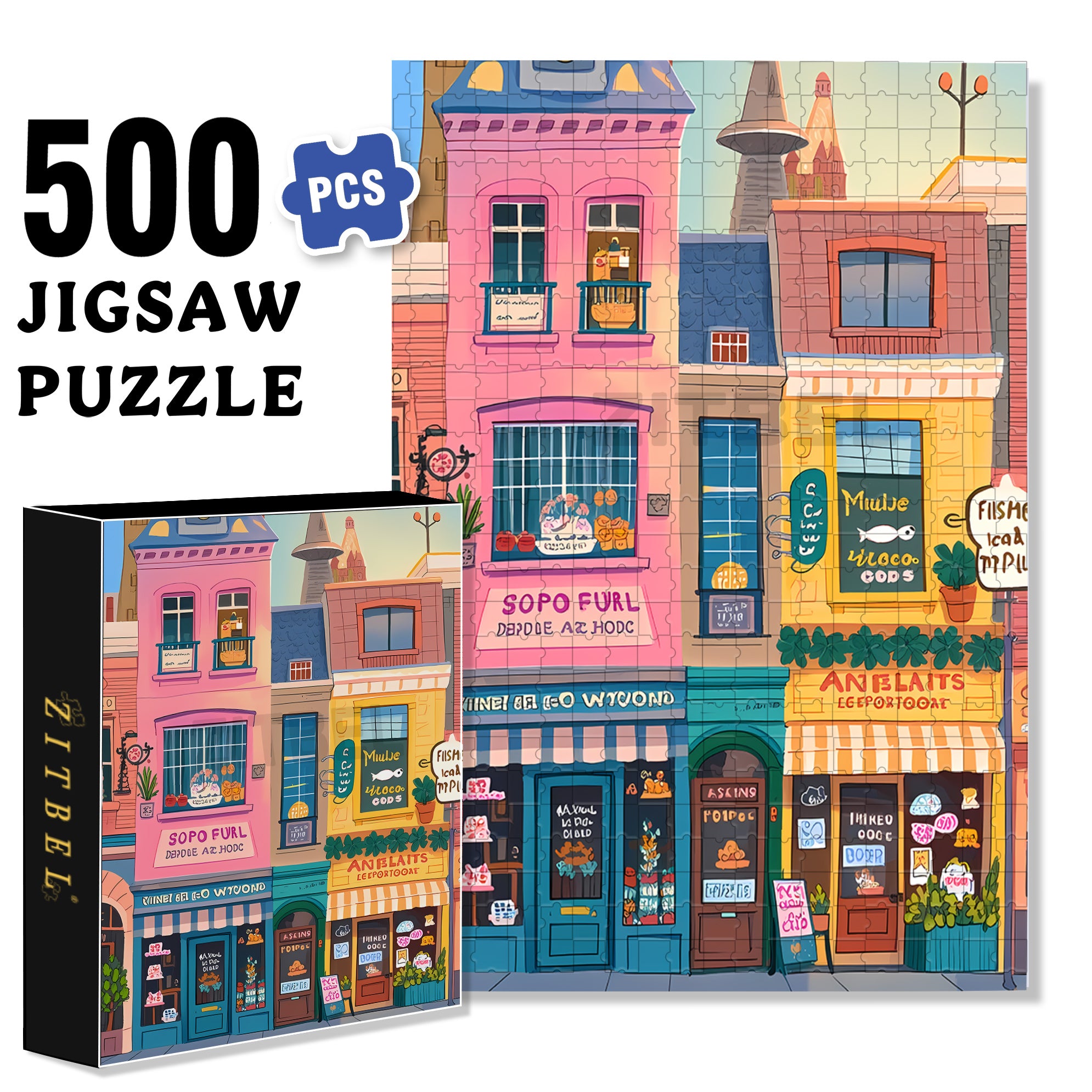 Main Street Shops 500pcs/1000pcs Jigsaw Puzzle, Scratch-Resistant, Interactive Family Game & Brain-Boosting DIY Decor, Perfect for Halloween, Christmas & New Year Gifts, Family Puzzle Game