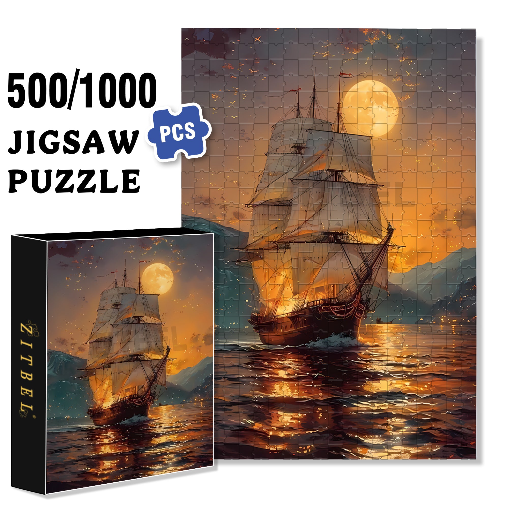 Moonlit Sailing 500pcs/1000pcs Jigsaw Puzzle, Scratch-Resistant, Interactive Family Game & Brain-Boosting DIY Decor, Perfect for Halloween, Christmas & New Year Gifts, Family Puzzle Game