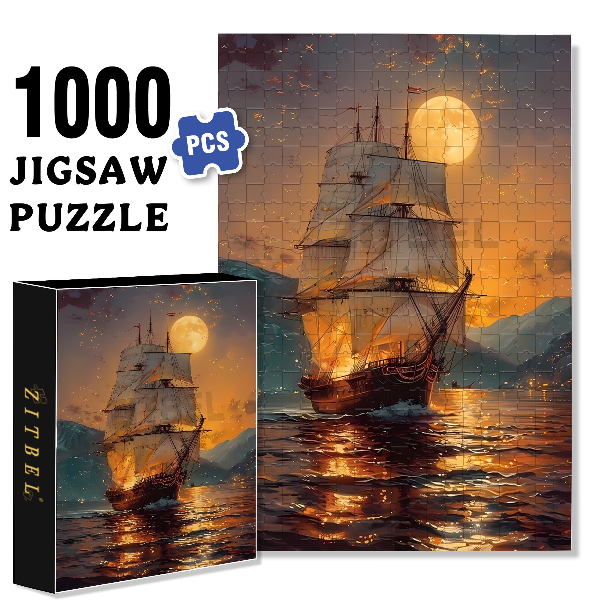 Moonlit Sailing 500pcs/1000pcs Jigsaw Puzzle, Scratch-Resistant, Interactive Family Game & Brain-Boosting DIY Decor, Perfect for Halloween, Christmas & New Year Gifts, Family Puzzle Game
